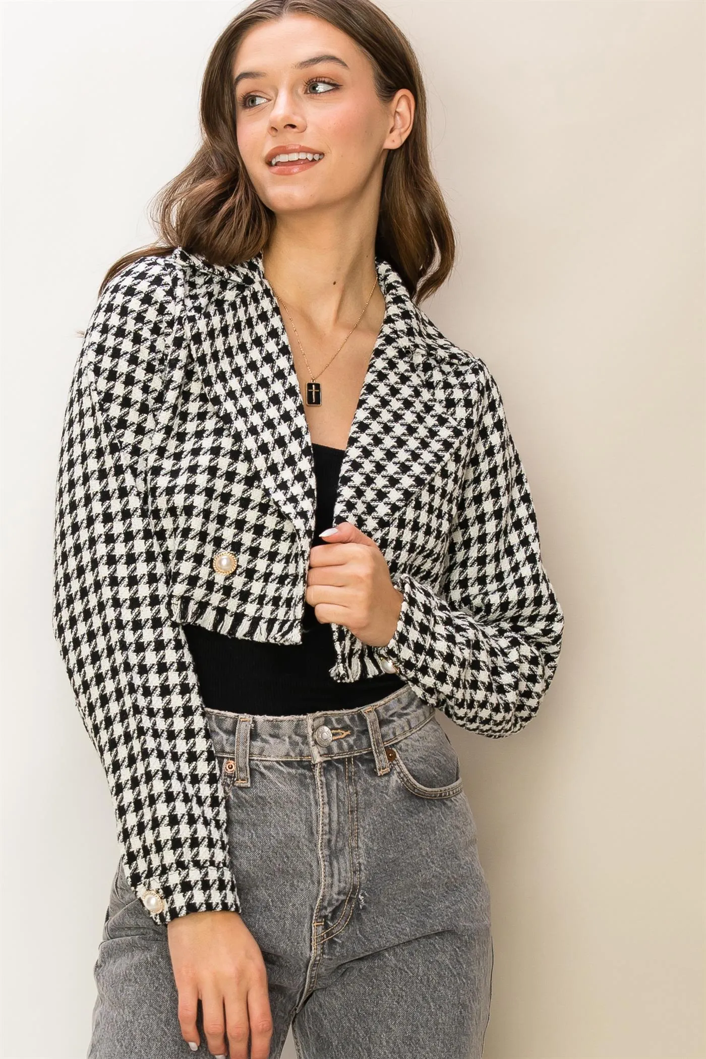 HF24C998-Houndstooth Crop Blazer