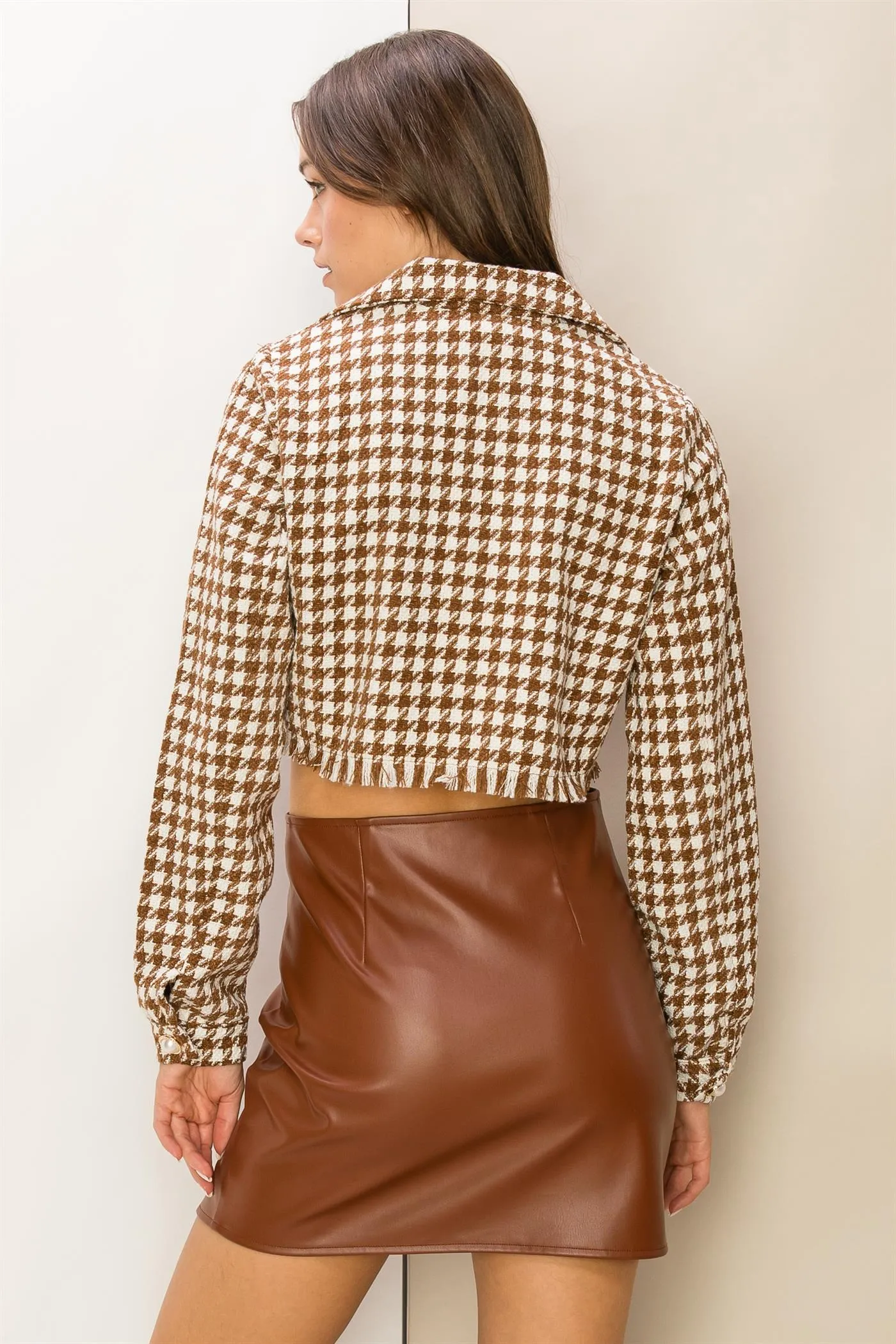 HF24C998-Houndstooth Crop Blazer