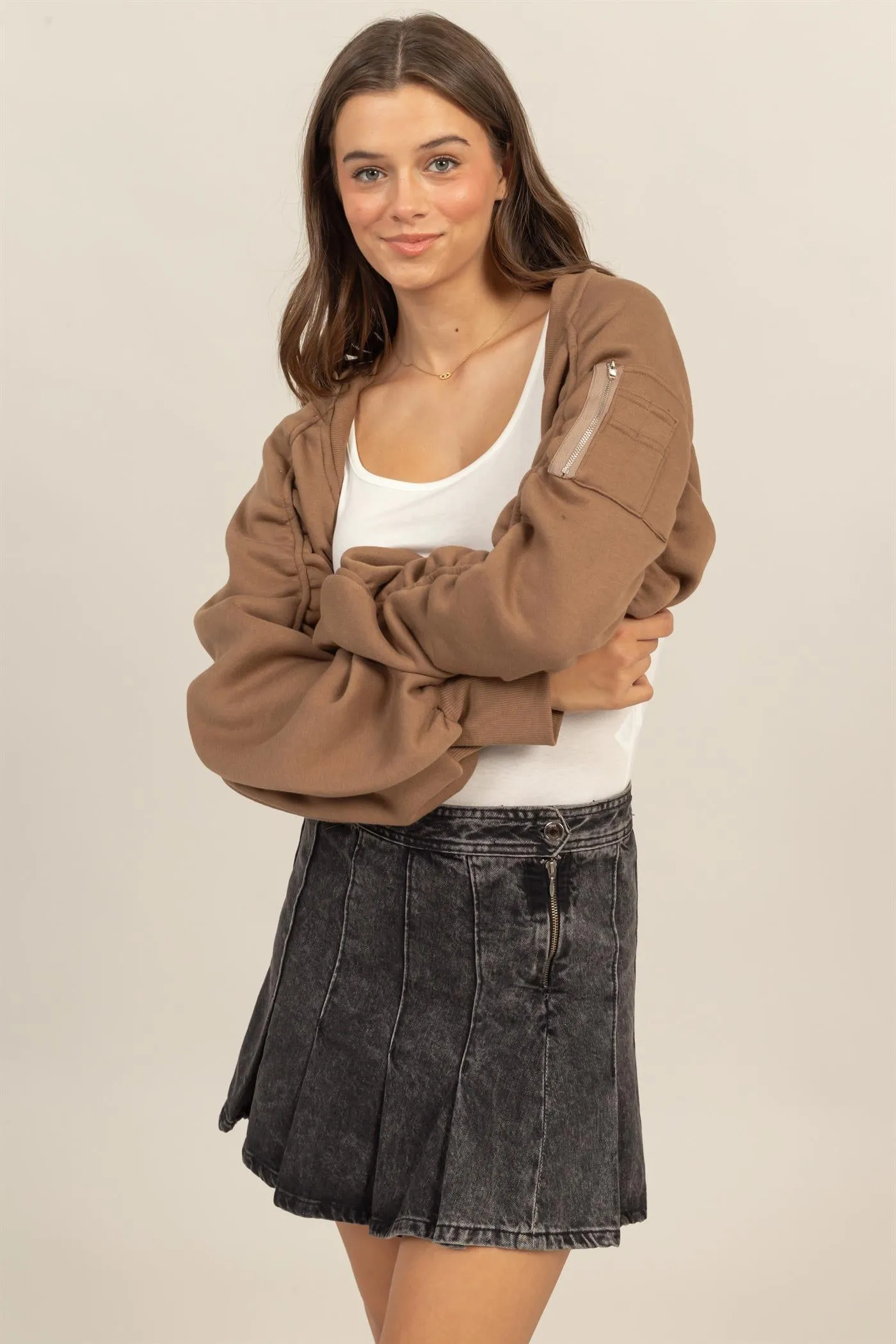 HF24E731-Ruched French Terry Bolero Bomber Jacket