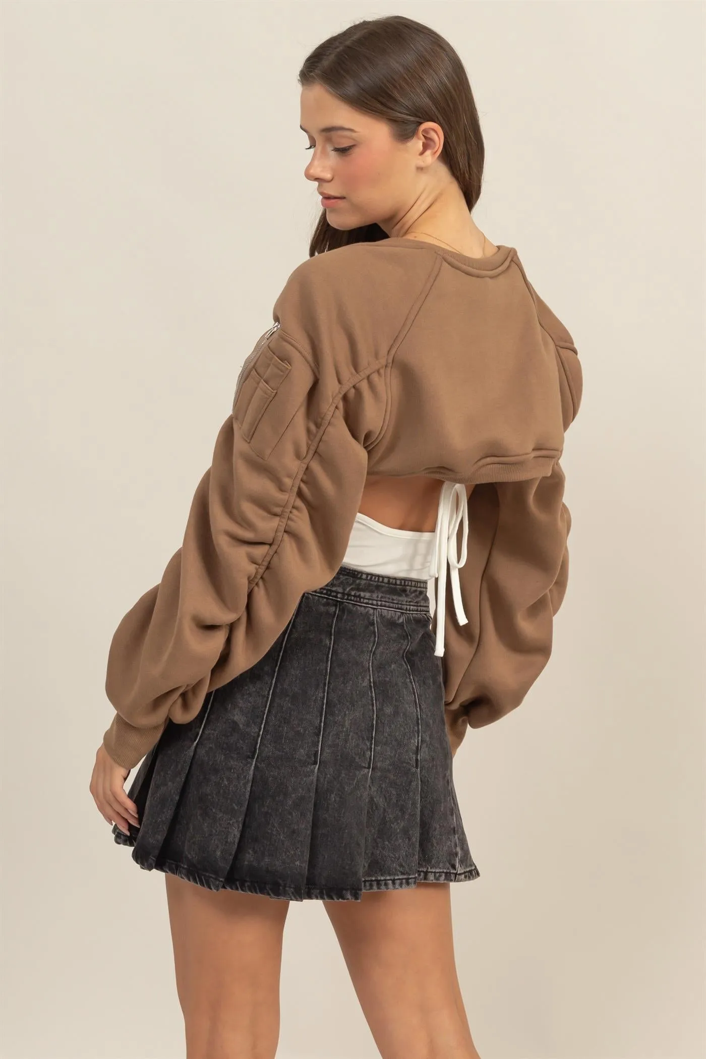 HF24E731-Ruched French Terry Bolero Bomber Jacket