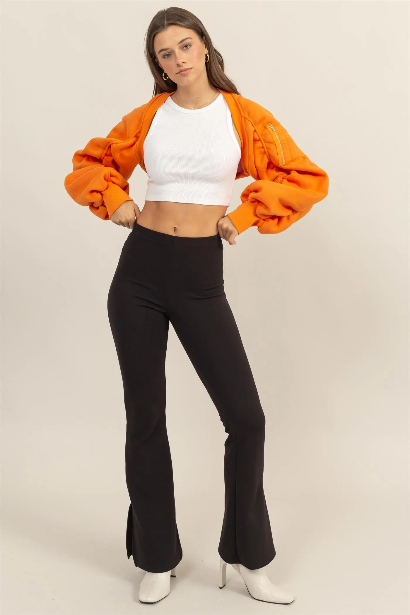 HF24E731-Ruched French Terry Bolero Bomber Jacket