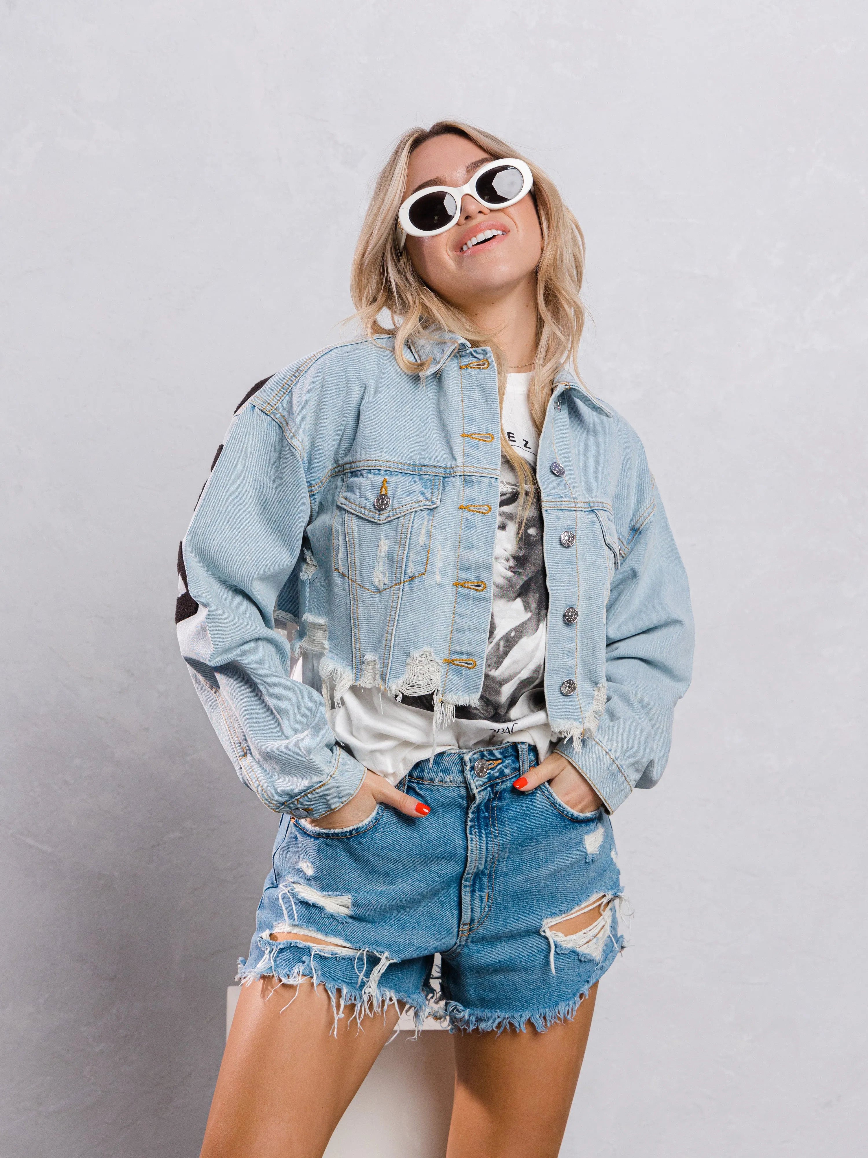 HOLLYWOOD SIGN Black font Crop Denim Jacket