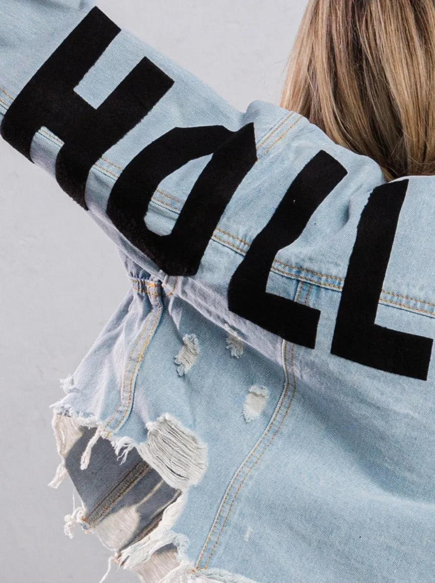 HOLLYWOOD SIGN Black font Crop Denim Jacket