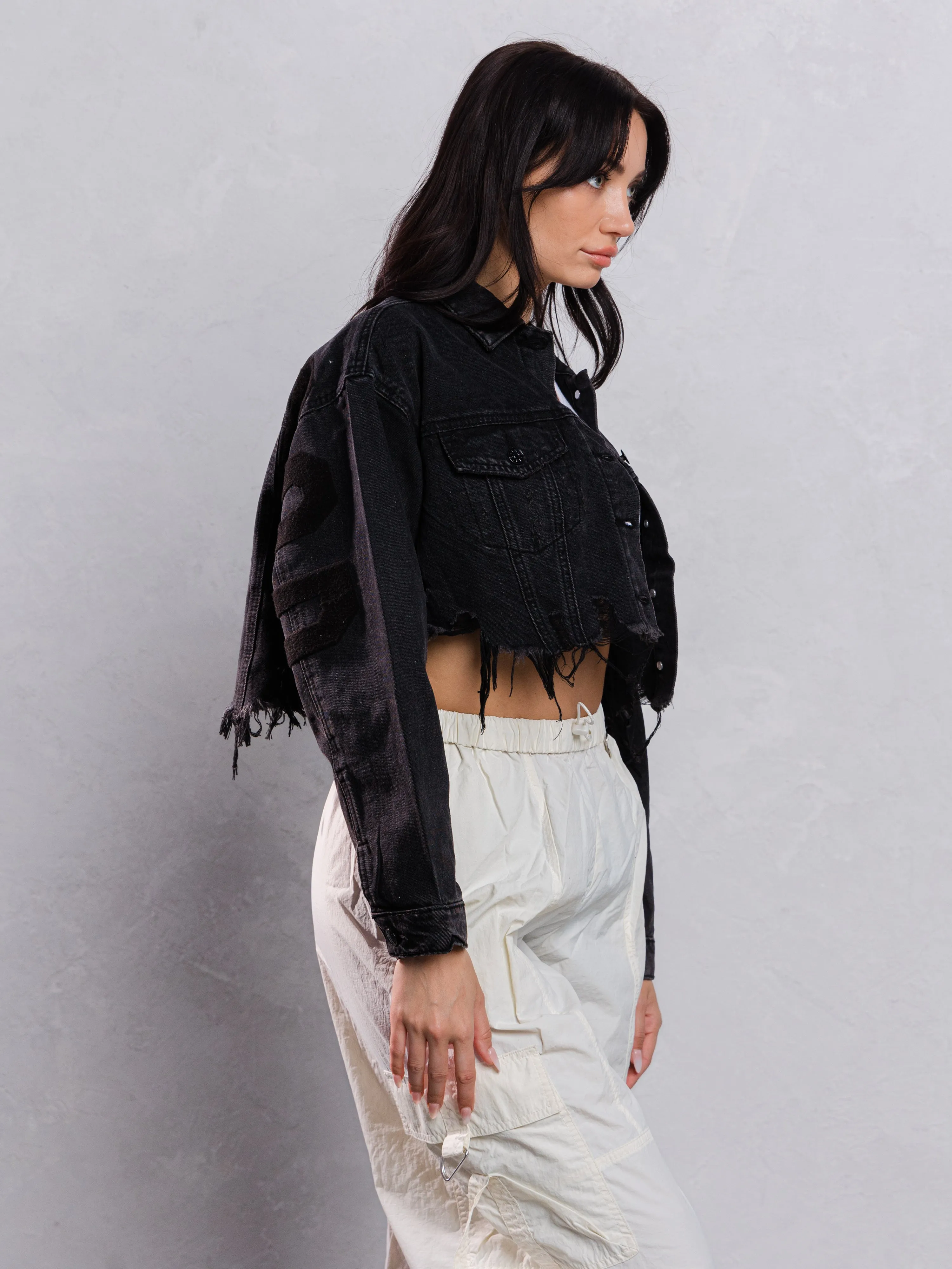 HOLLYWOOD SIGN Black font Crop Denim Jacket