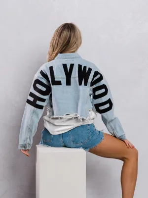 HOLLYWOOD SIGN Black font Crop Denim Jacket