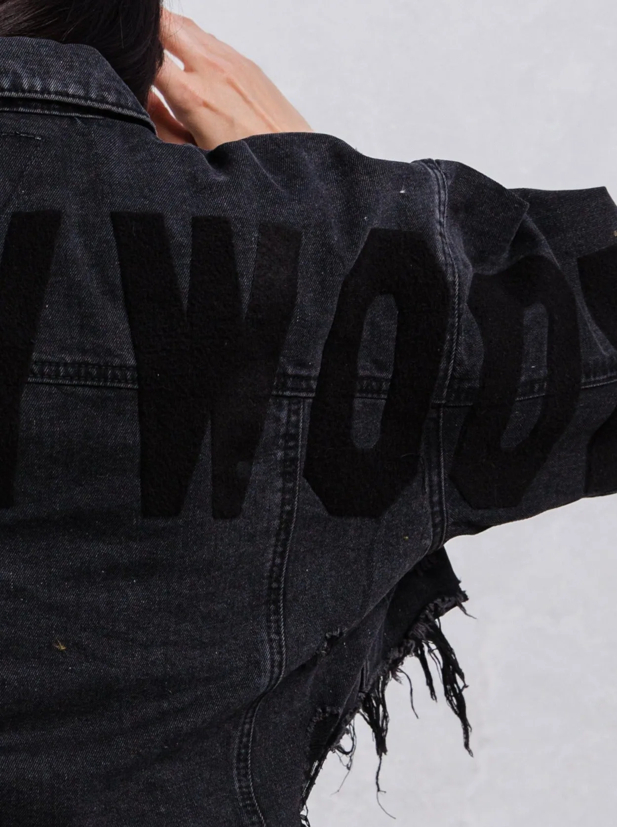 HOLLYWOOD SIGN Black font Crop Denim Jacket