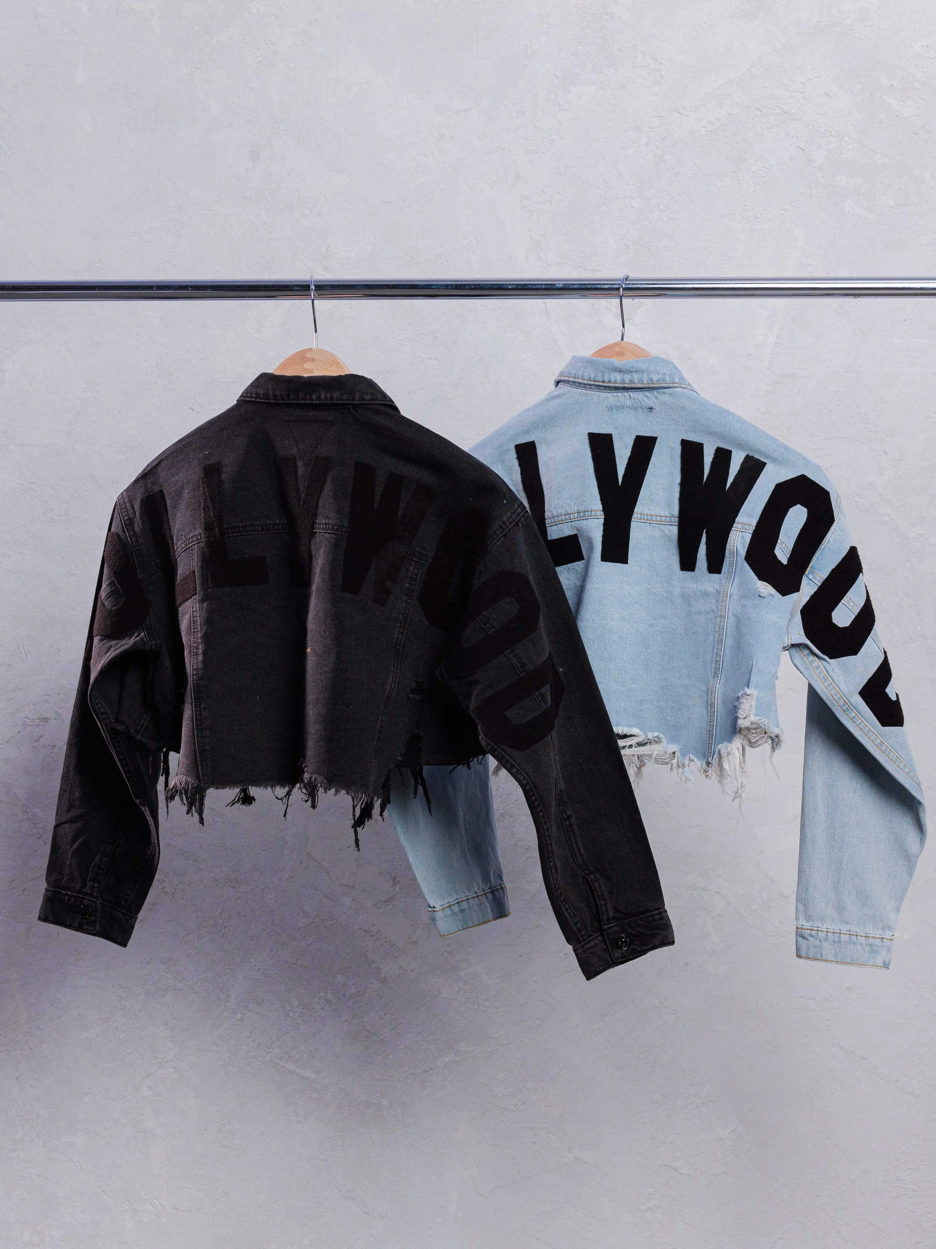 HOLLYWOOD SIGN Black font Crop Denim Jacket