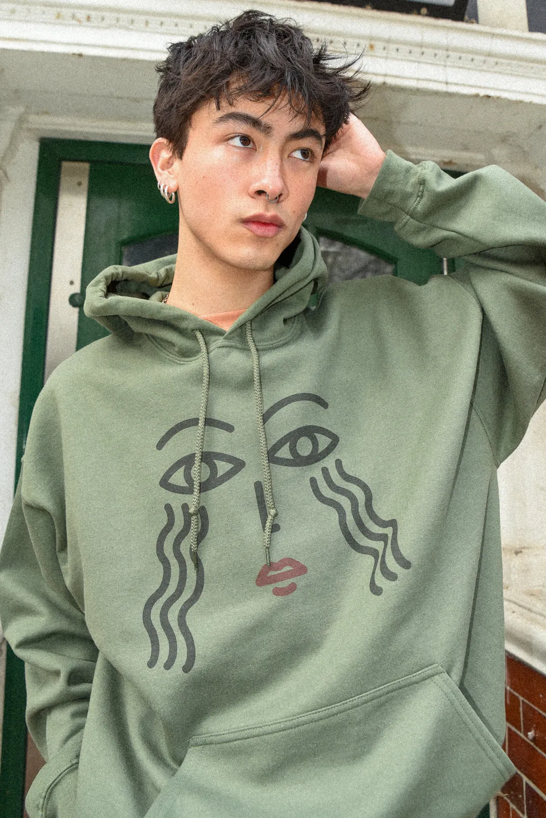 Hoodie in Military Green with Athena Print