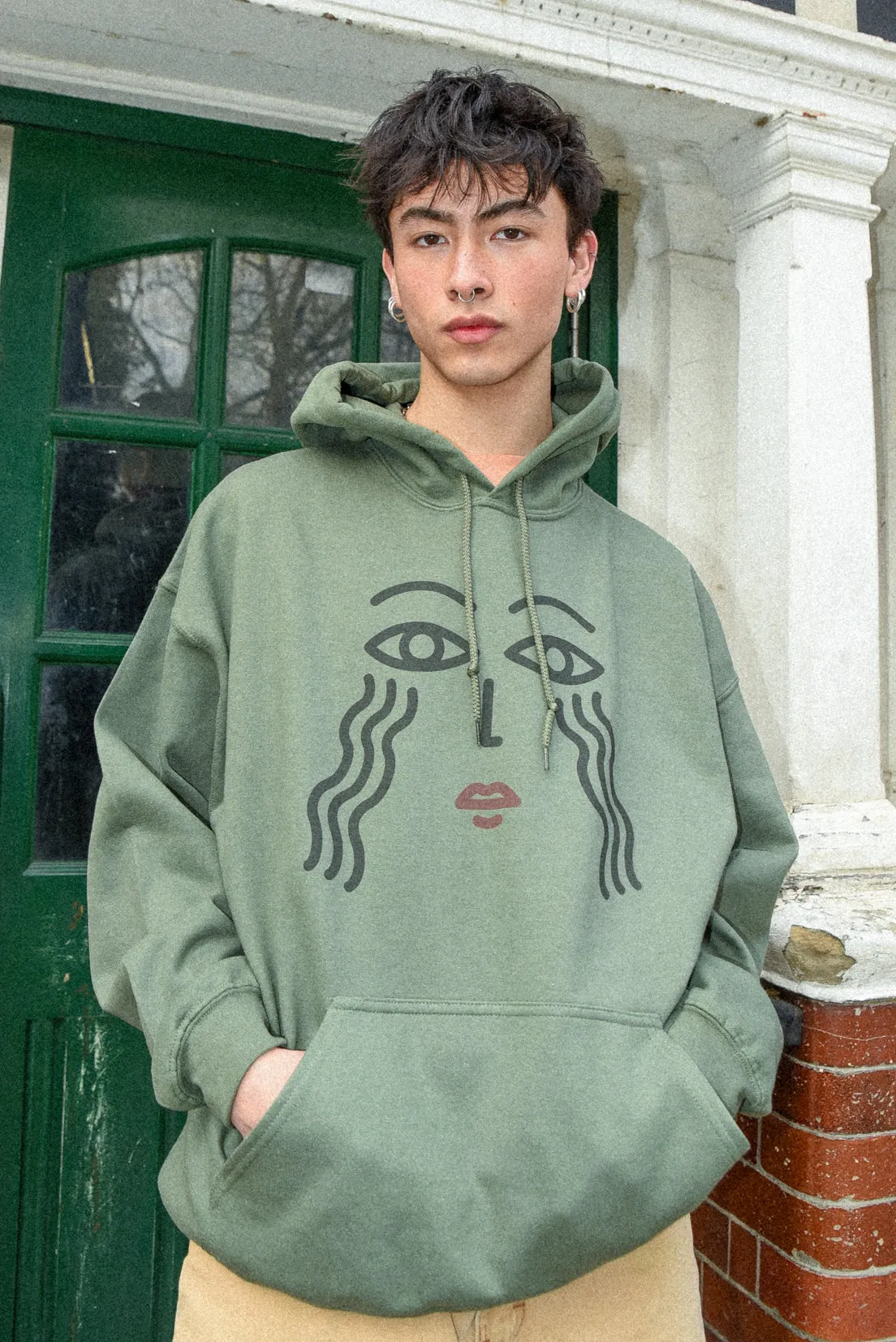 Hoodie in Military Green with Athena Print