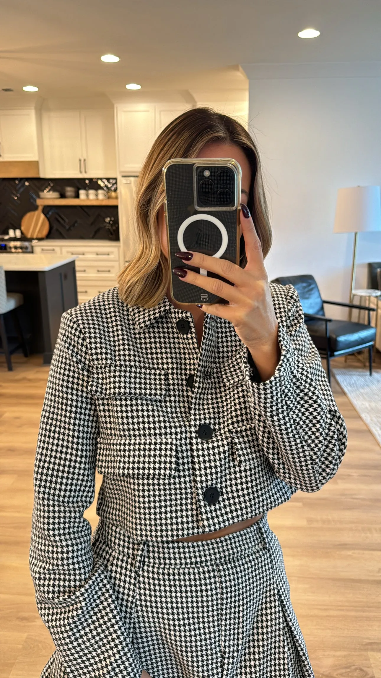 Houndstooth Cropped Jacket, Black and White