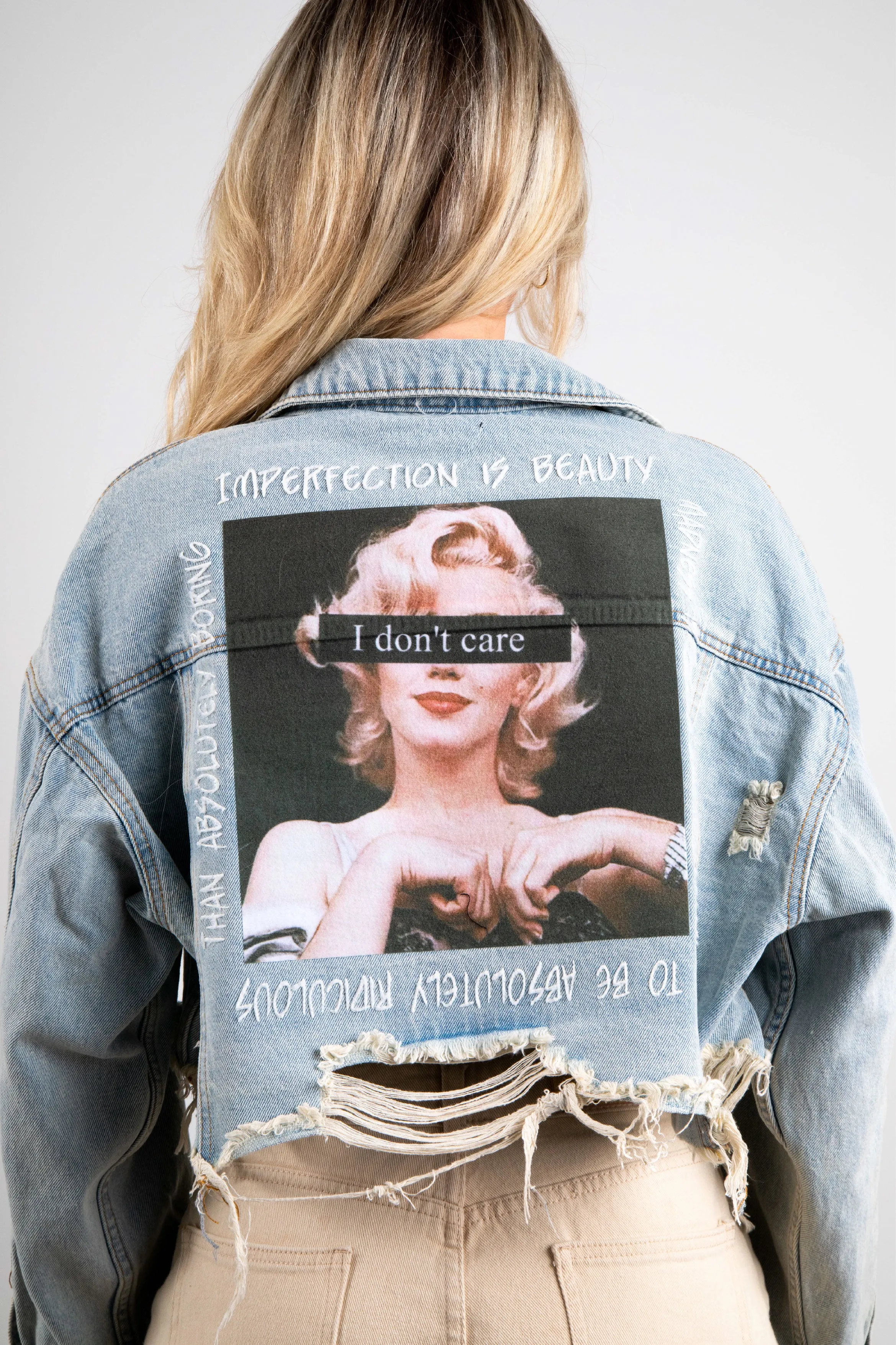 I DON'T CARE Crop Denim Jacket