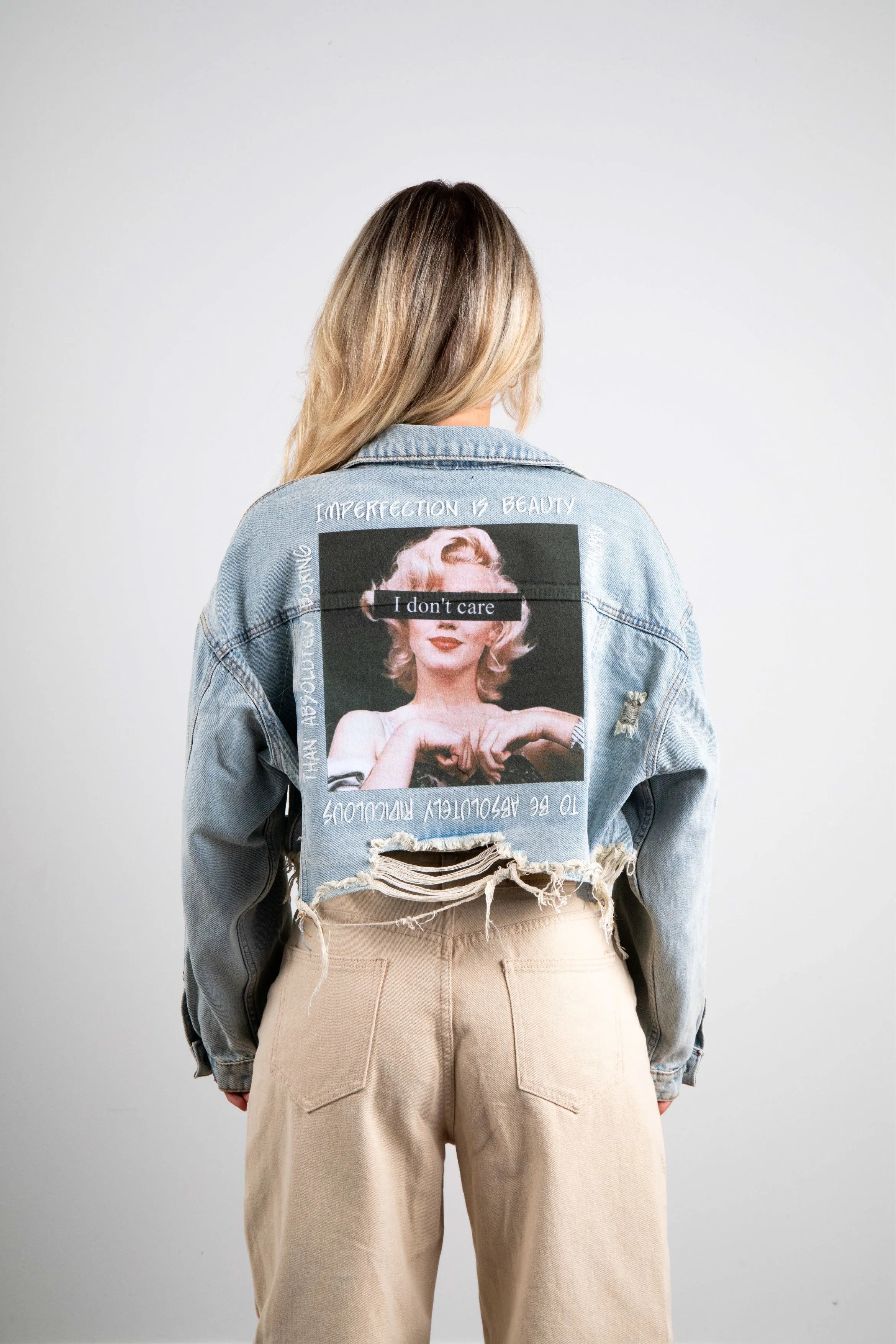 I DON'T CARE Crop Denim Jacket