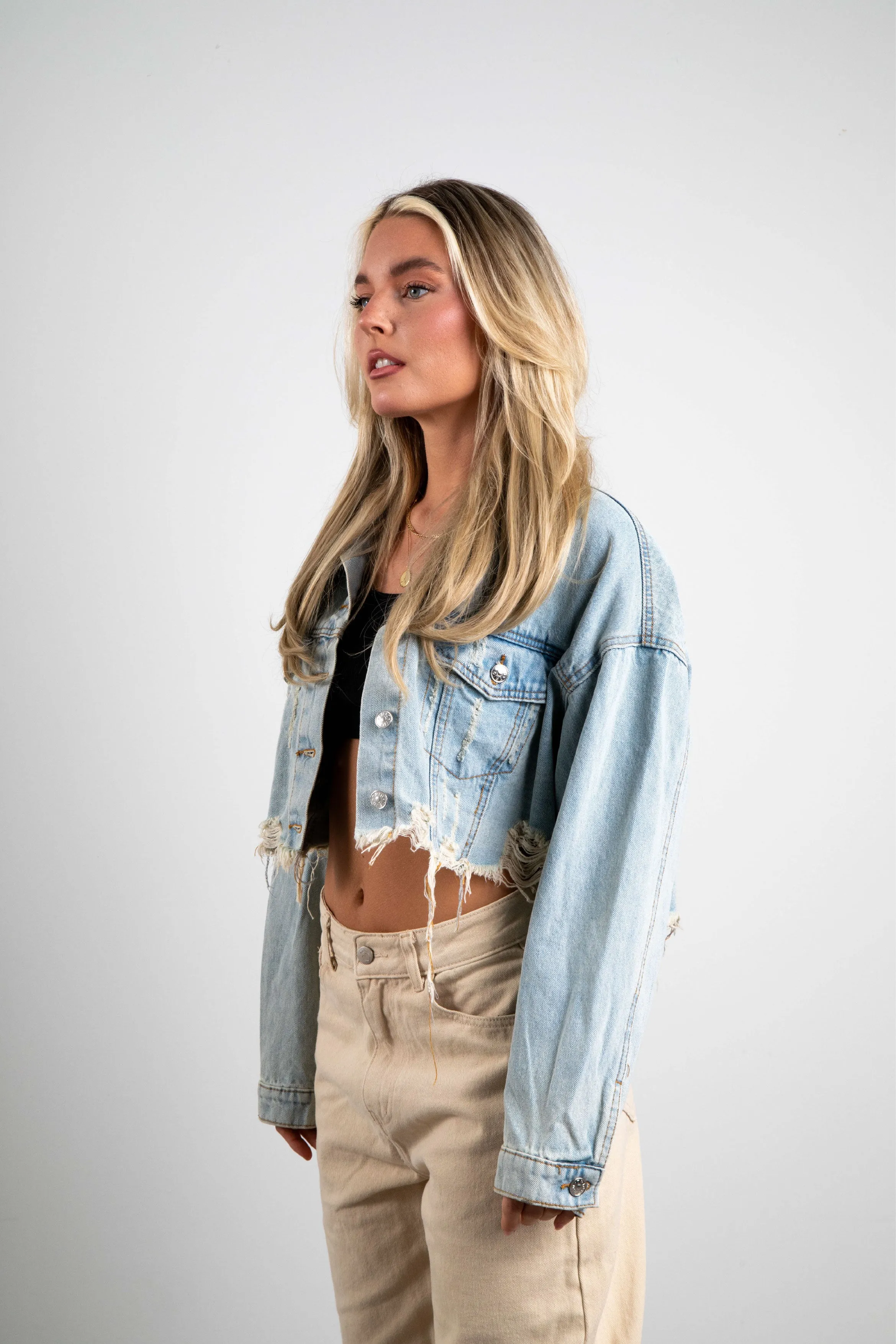 I DON'T CARE Crop Denim Jacket