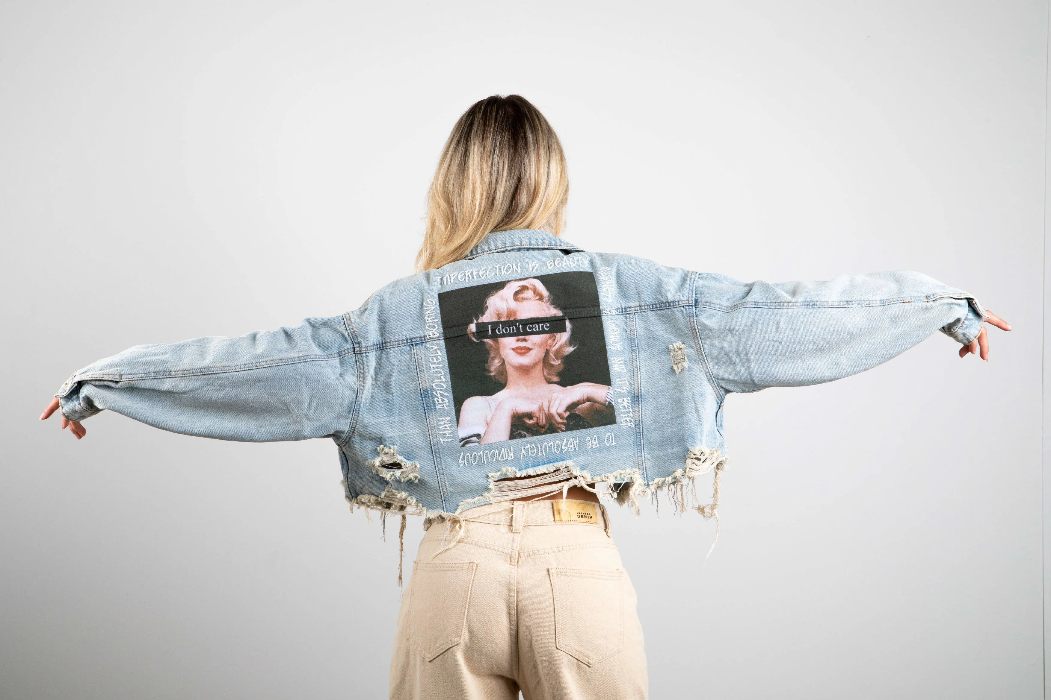 I DON'T CARE Crop Denim Jacket