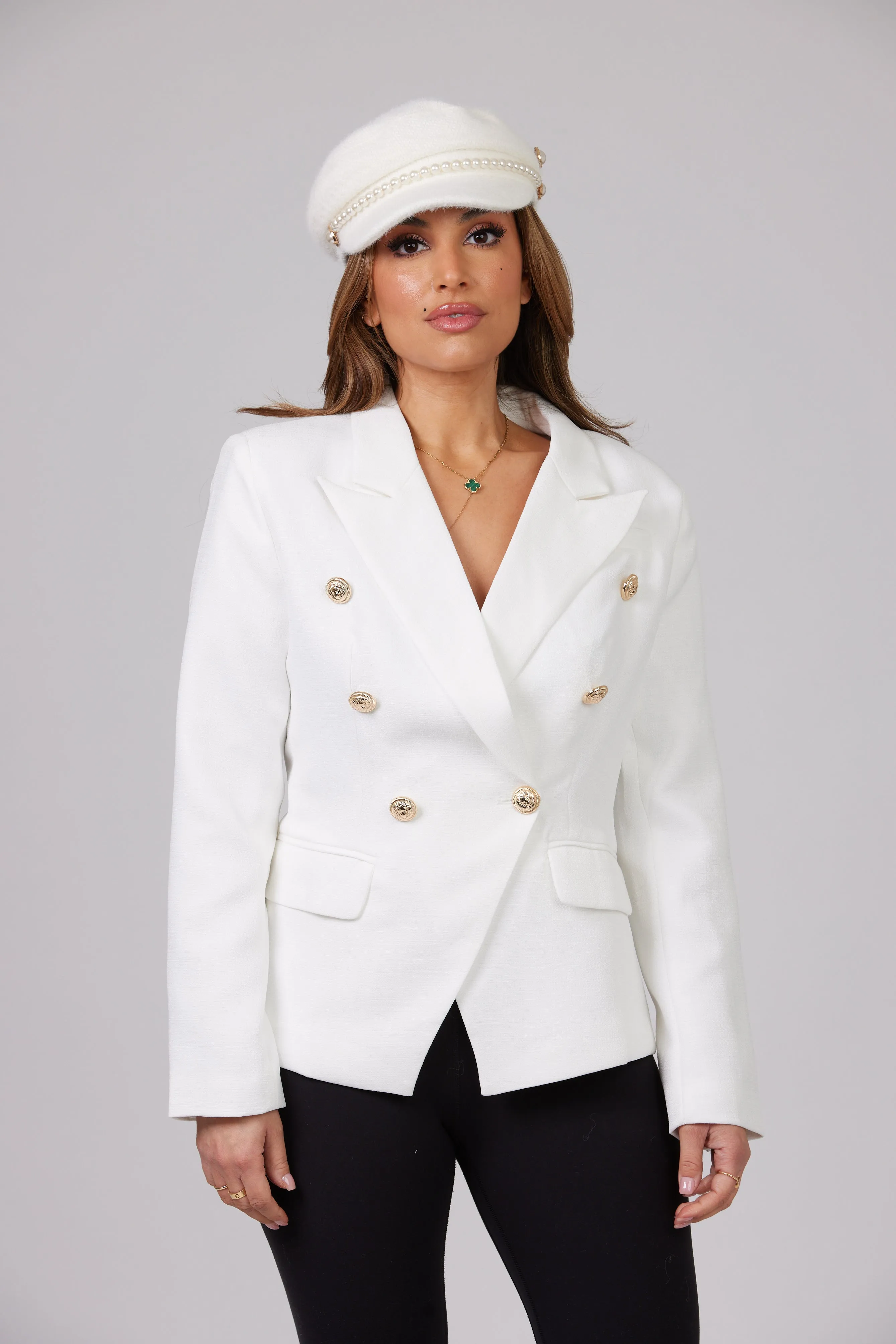 ICONIC WHITE WITH GOLD BUTTON BLAZER