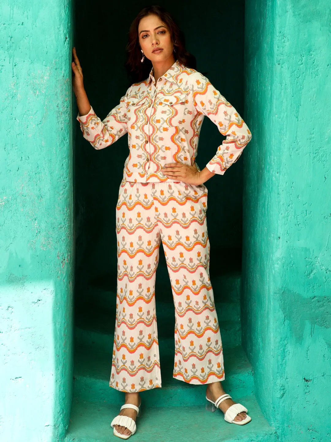 Ikat Printed Cream & Orange Jacket With Palazzo Co-ord Set