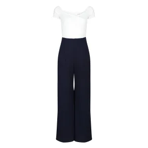 Ivory Bardot Top and Navy Cropped Trouser-suit