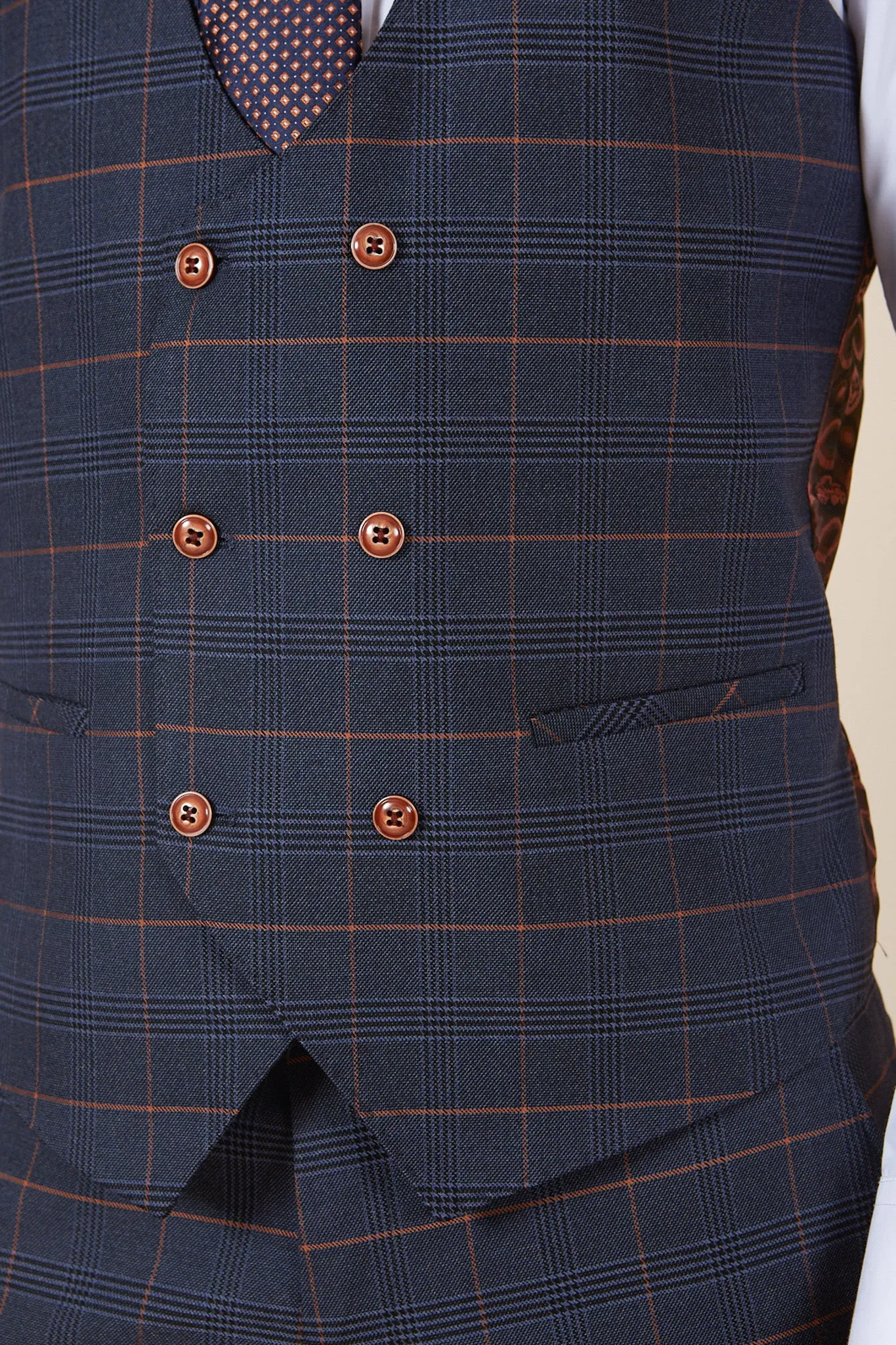 JENSON - Marine Navy Check Suit With Double Breasted Waistcoat