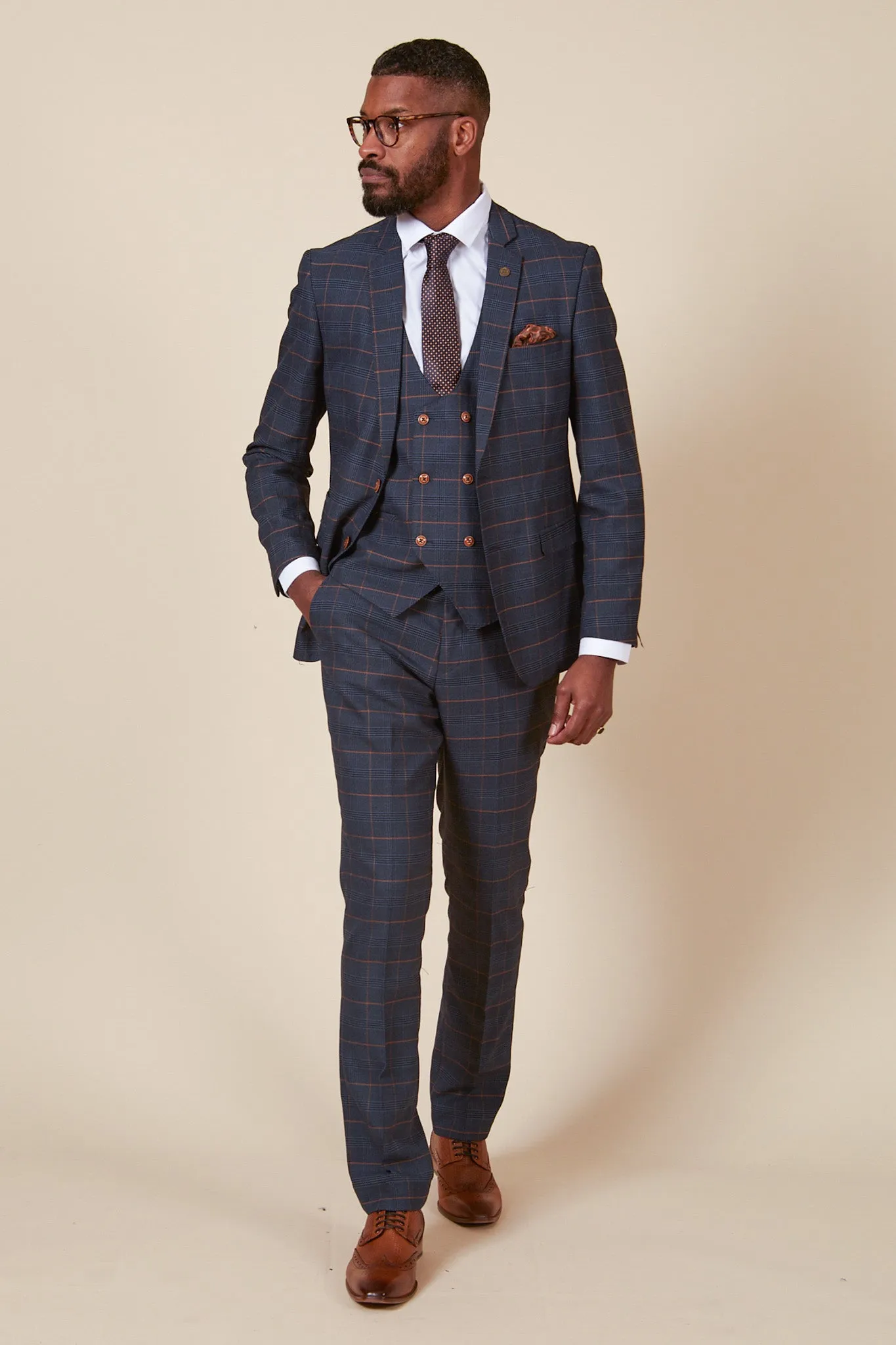 JENSON - Marine Navy Check Suit With Double Breasted Waistcoat