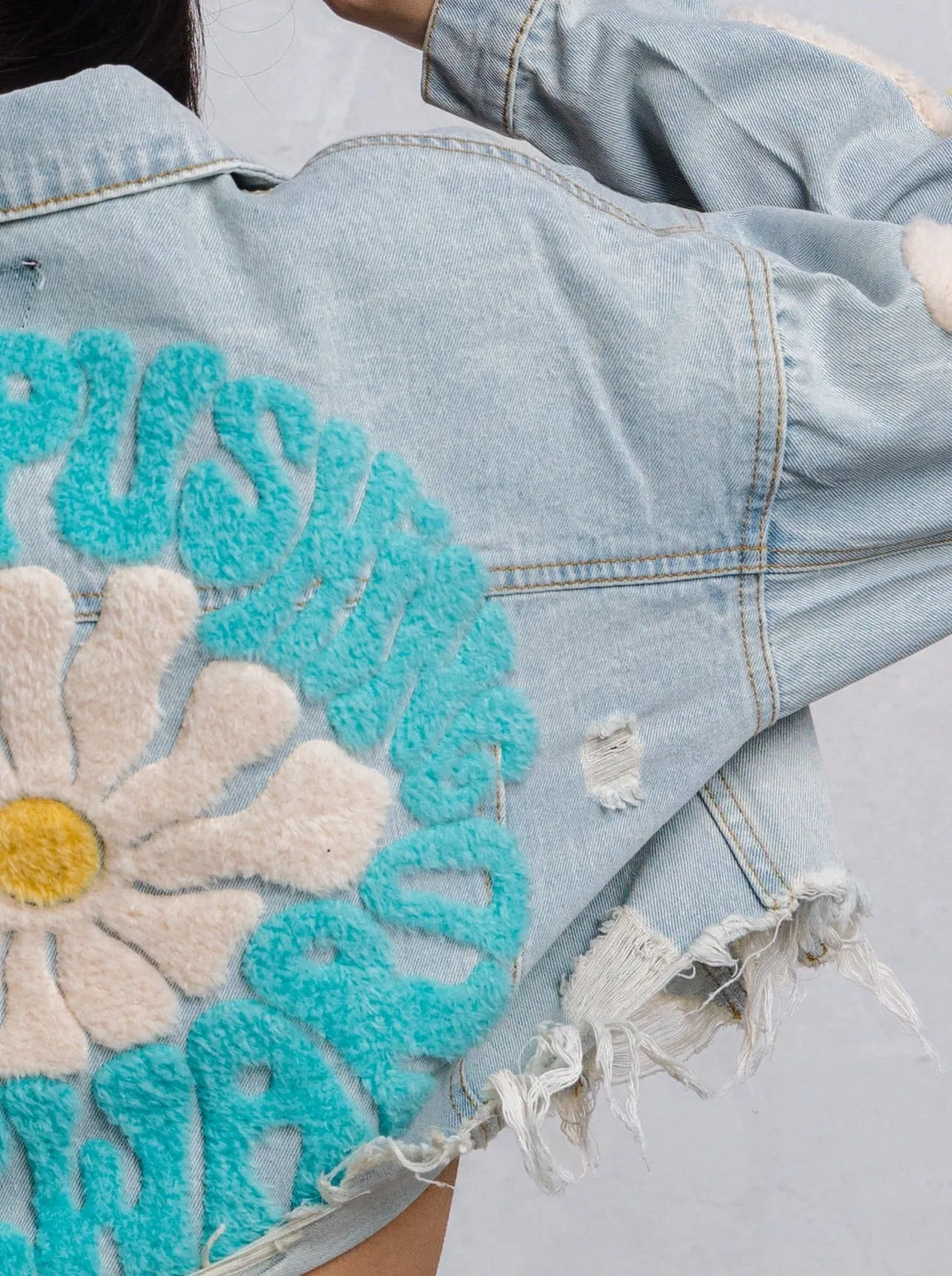 KEEP PUSHING FORWARD Crop Denim Jacket