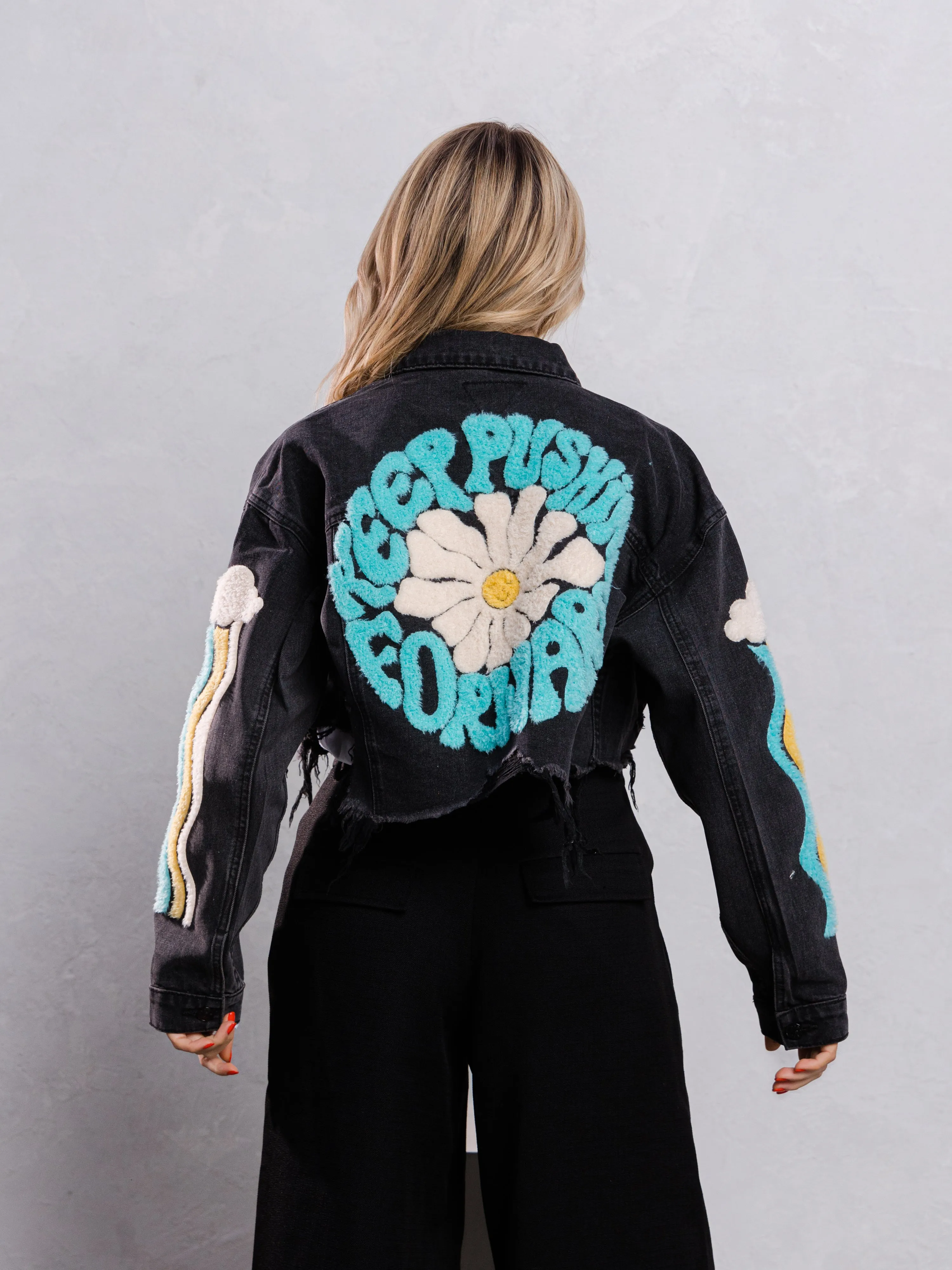 KEEP PUSHING FORWARD Crop Denim Jacket