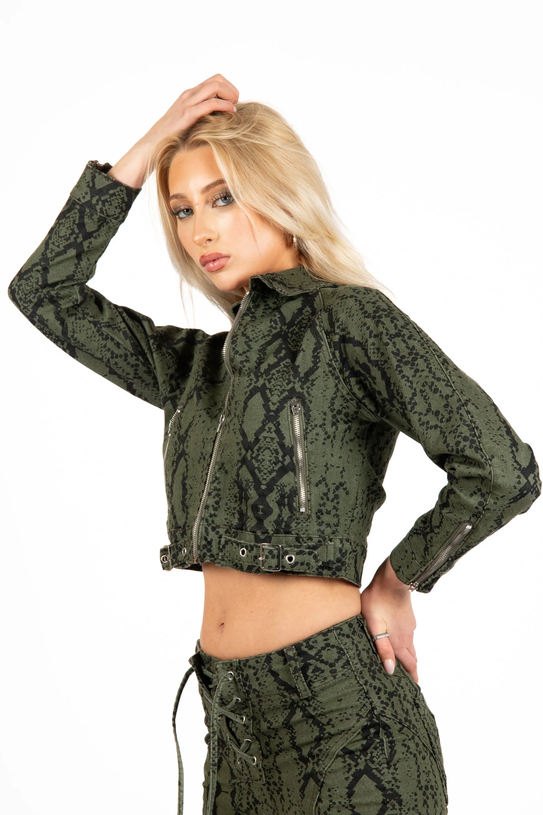 Khaki Snake Print Cropped Denim Jacket