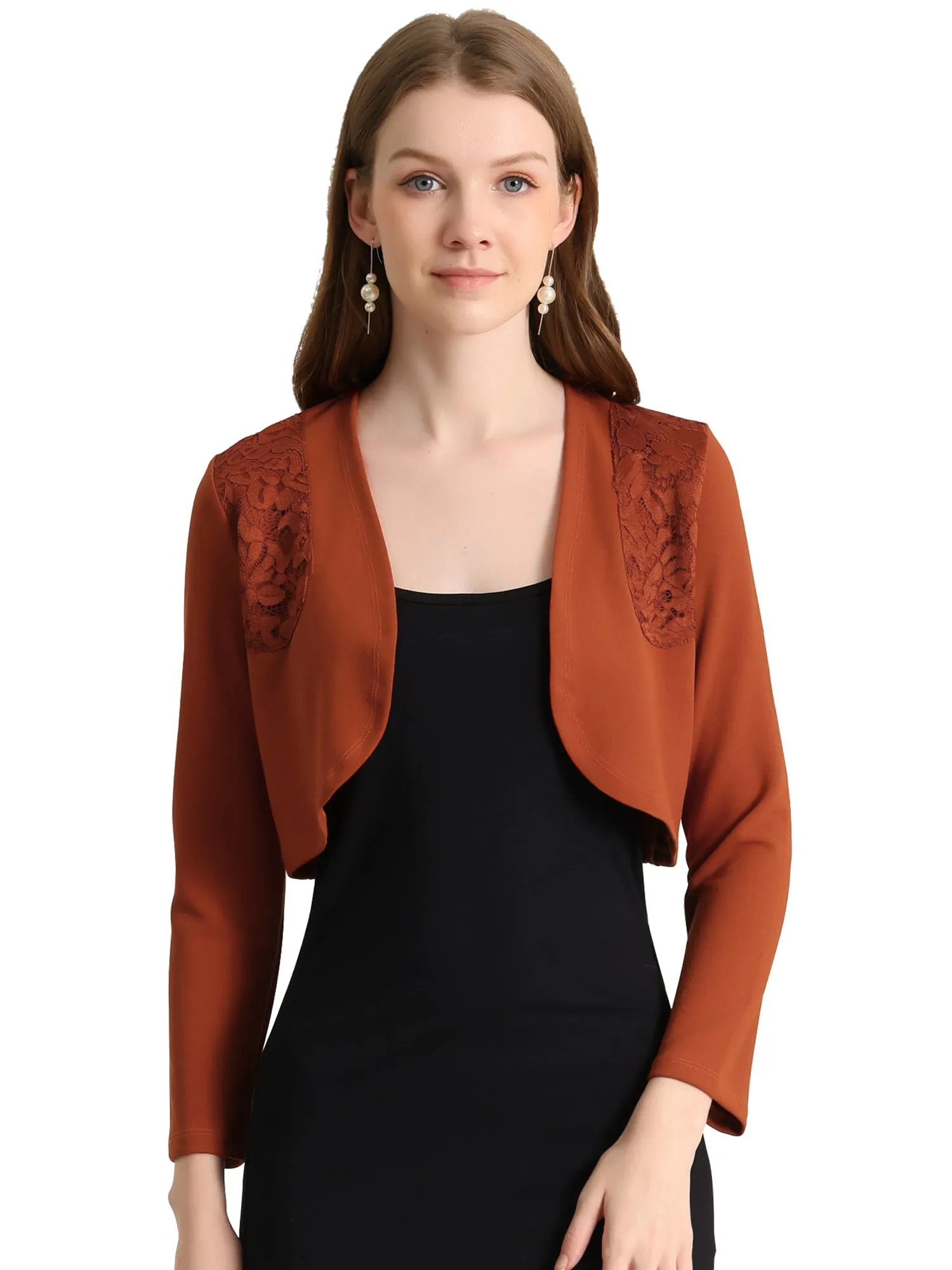 Lace Insert Office Open Front Crop Cardigan Bolero Shrugs