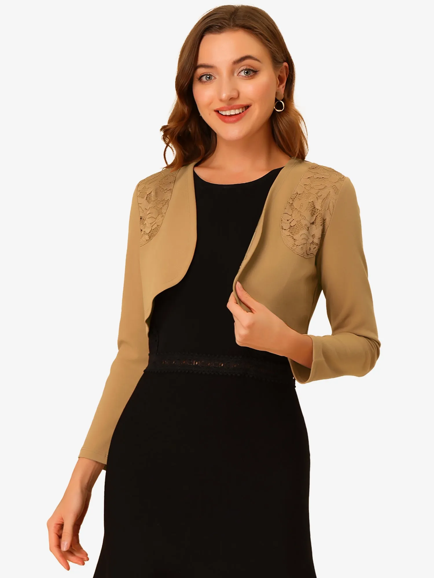 Lace Insert Office Open Front Crop Cardigan Bolero Shrugs