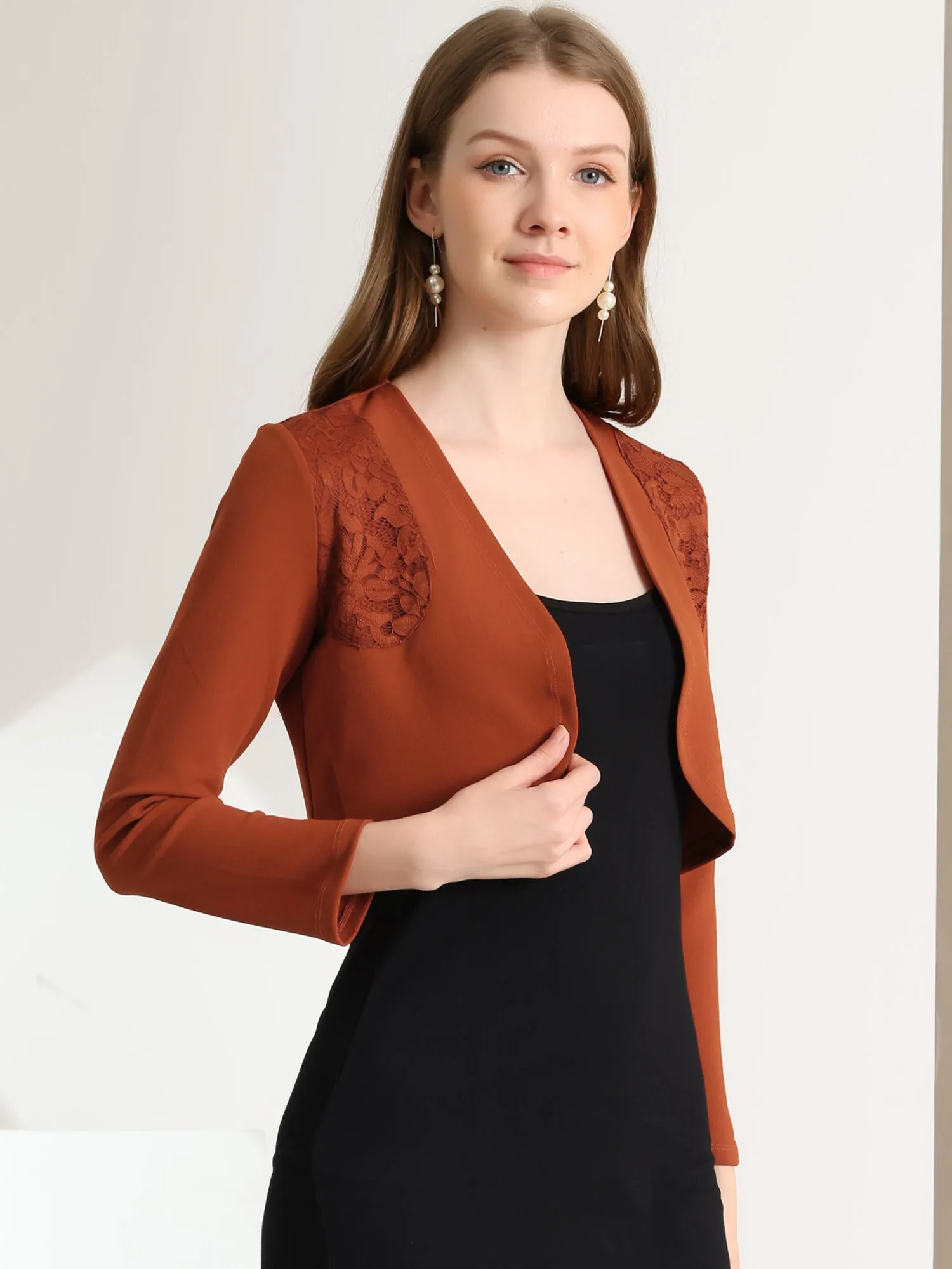 Lace Insert Office Open Front Crop Cardigan Bolero Shrugs