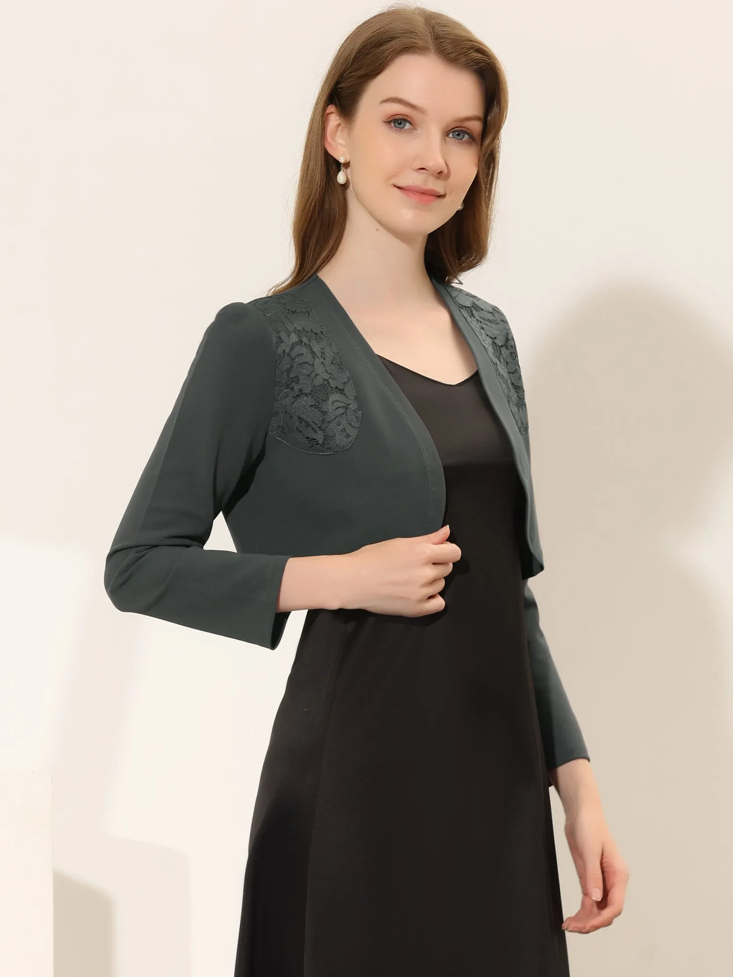 Lace Insert Office Open Front Crop Cardigan Bolero Shrugs