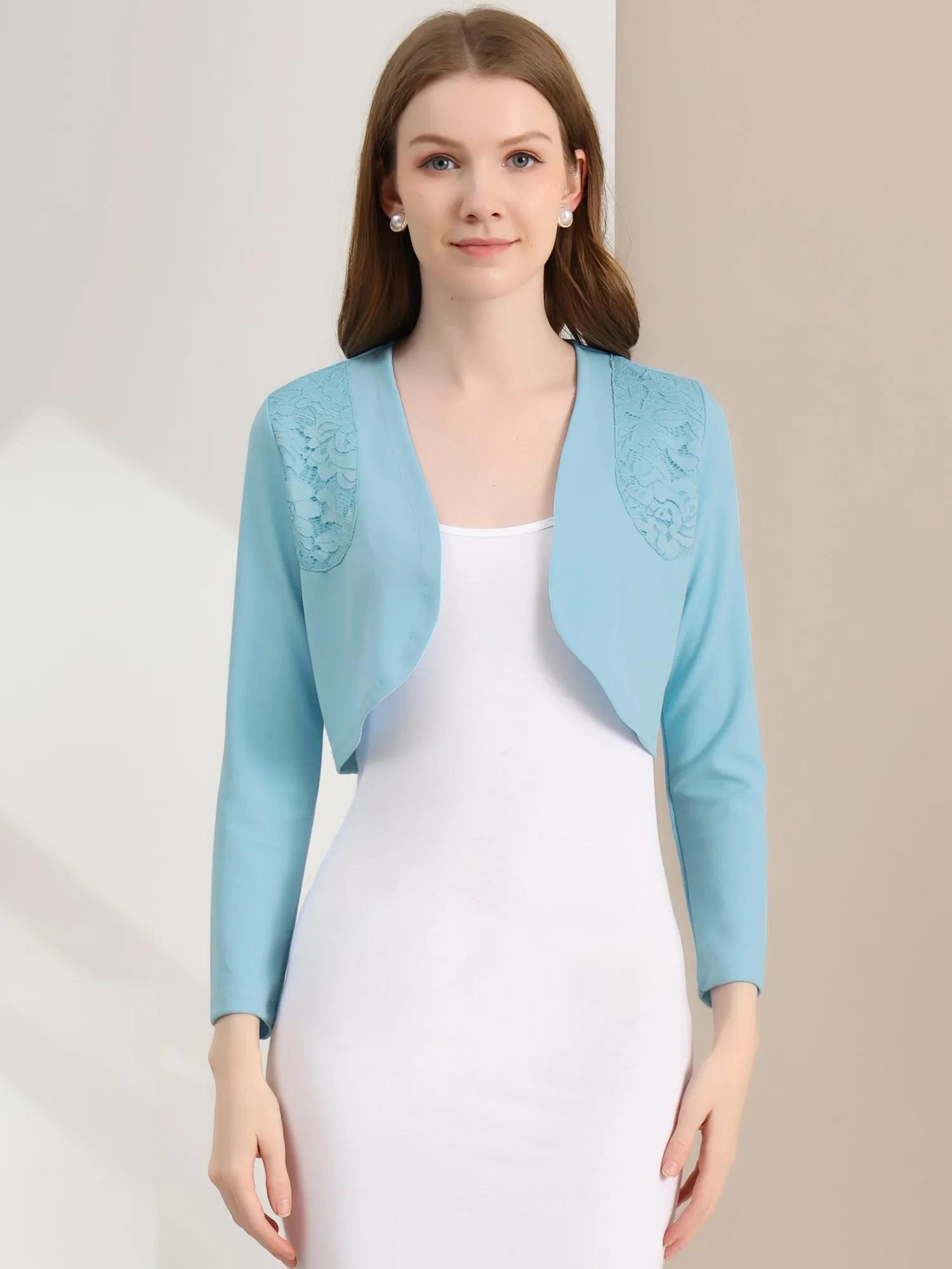 Lace Insert Office Open Front Crop Cardigan Bolero Shrugs