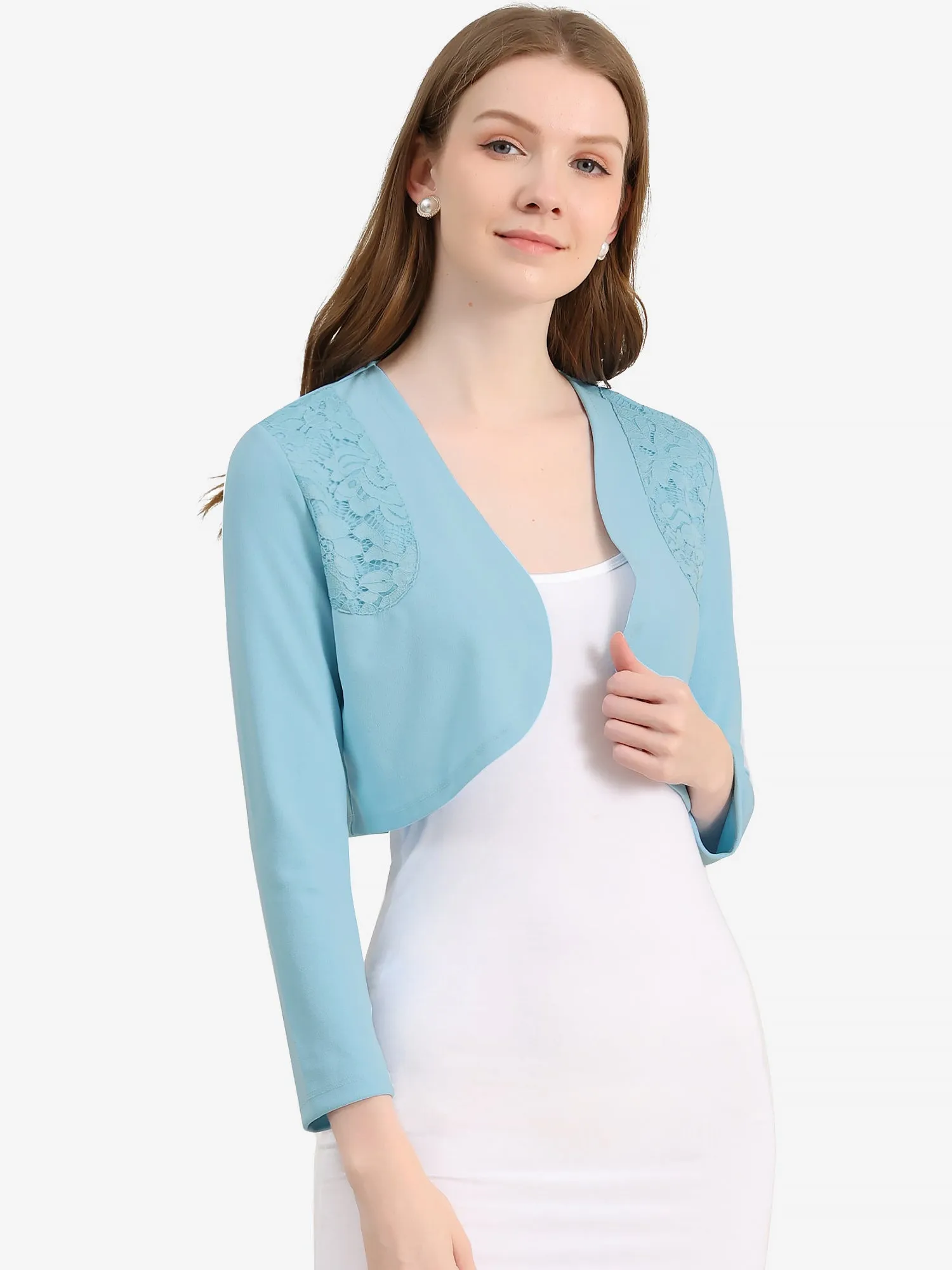 Lace Insert Office Open Front Crop Cardigan Bolero Shrugs