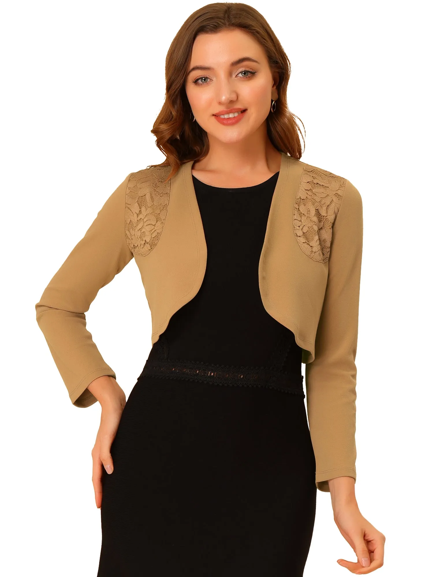 Lace Insert Office Open Front Crop Cardigan Bolero Shrugs