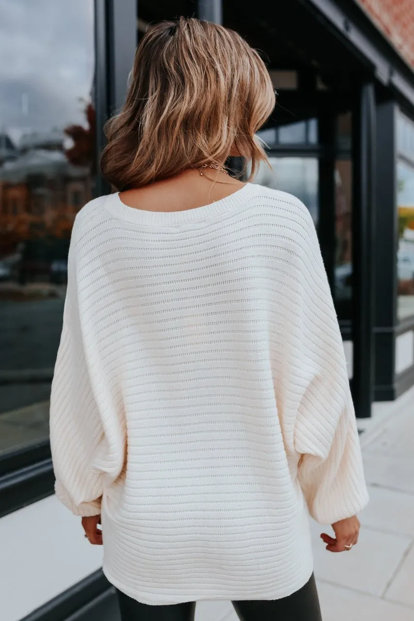 Latte Run Boatneck Dolman Ribbed Sweater - Cream