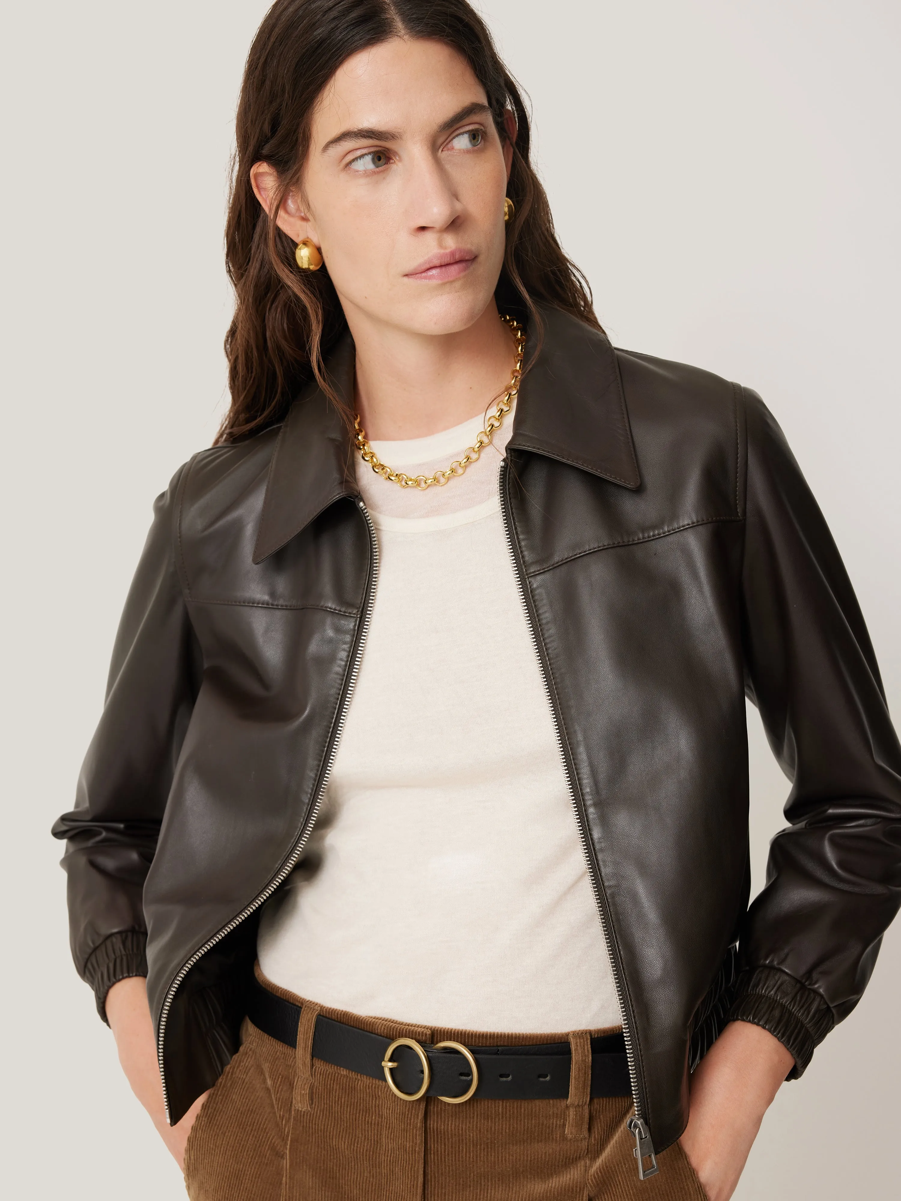 Leather Zip Front Biker | Dark Olive