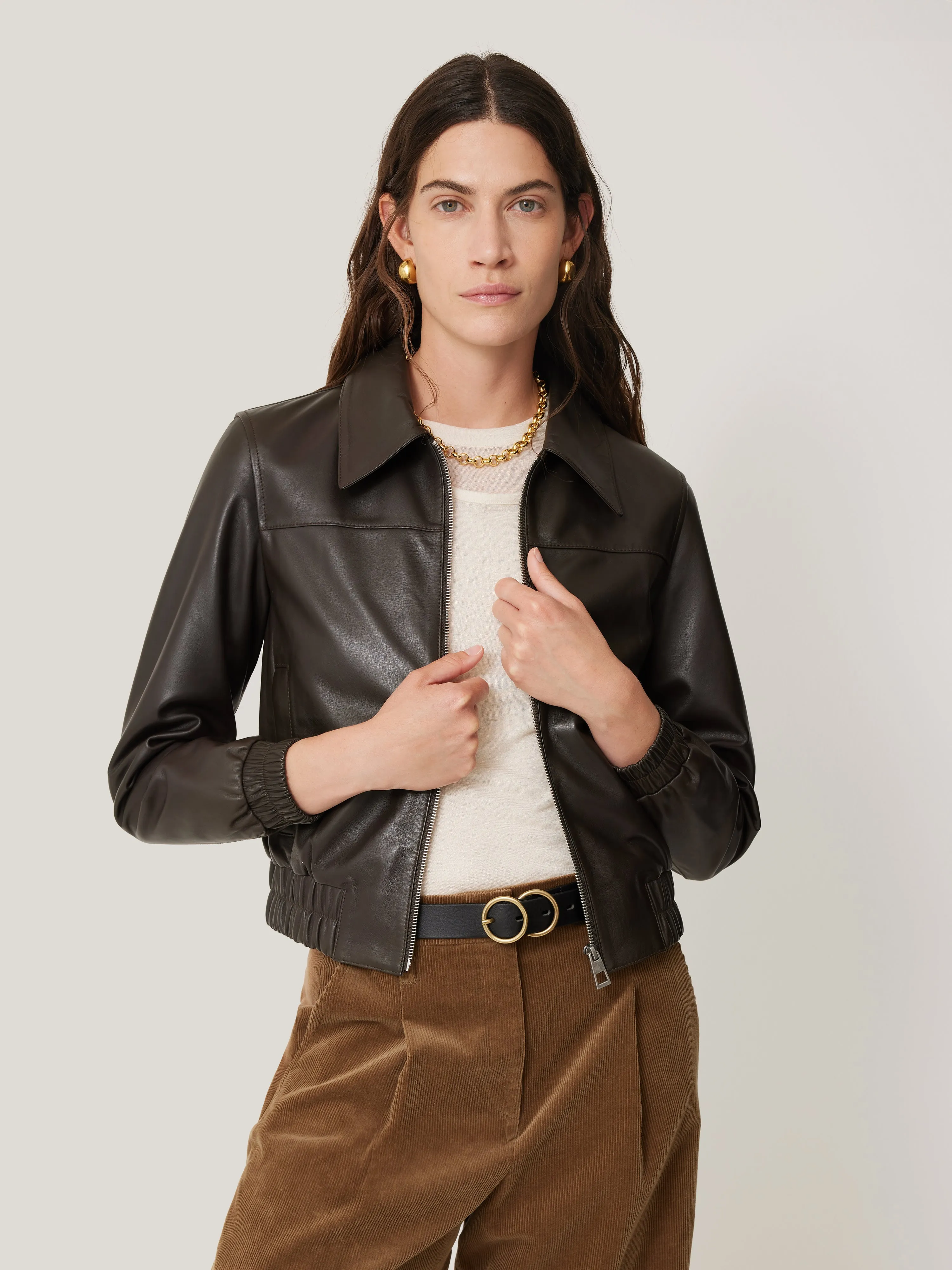 Leather Zip Front Biker | Dark Olive