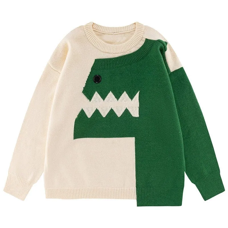 Lemandik Cute Casual Knit Sweater Dinosaur Patchwork