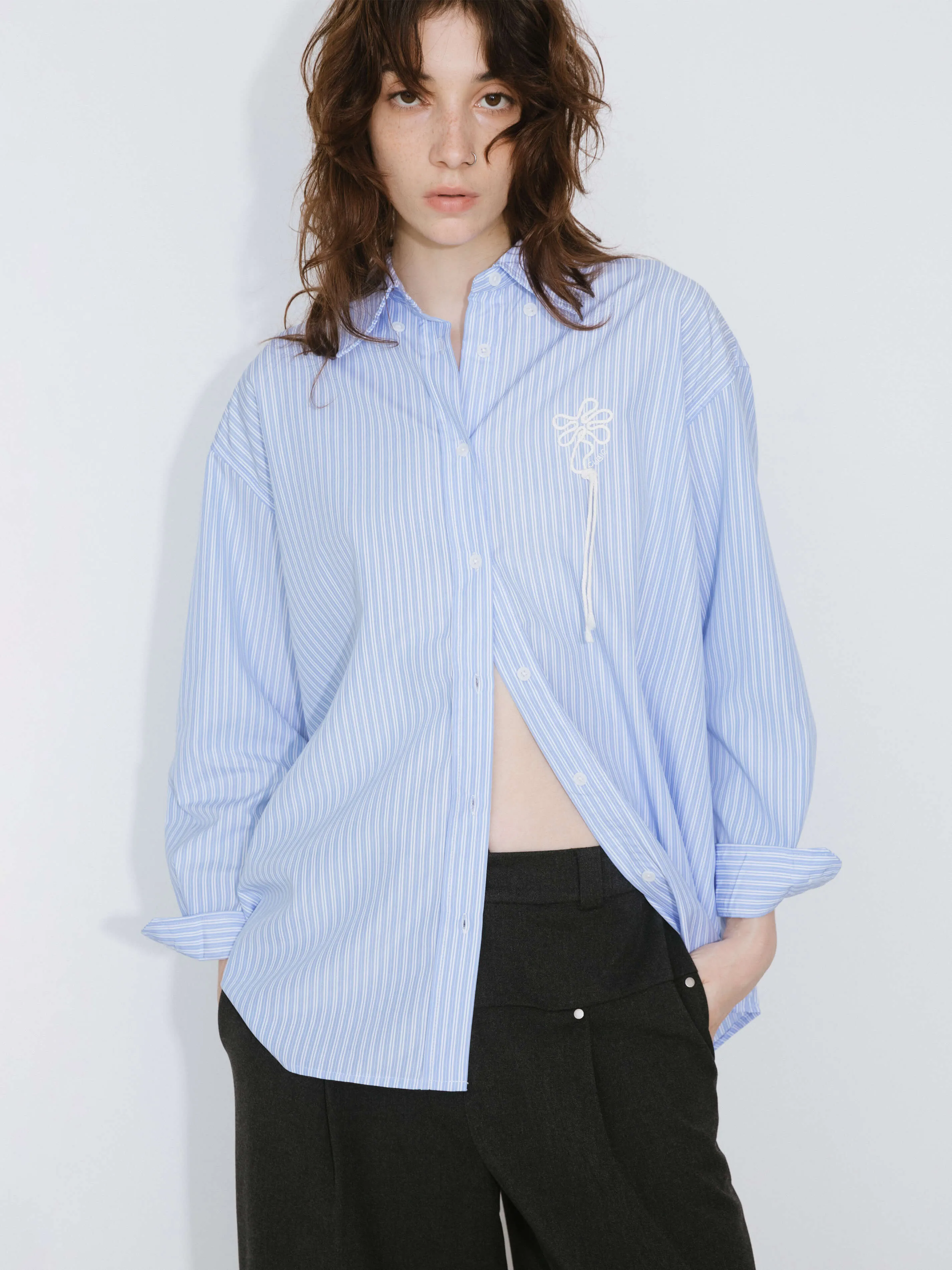 Loose Striped Shirt with Cord Embroidery