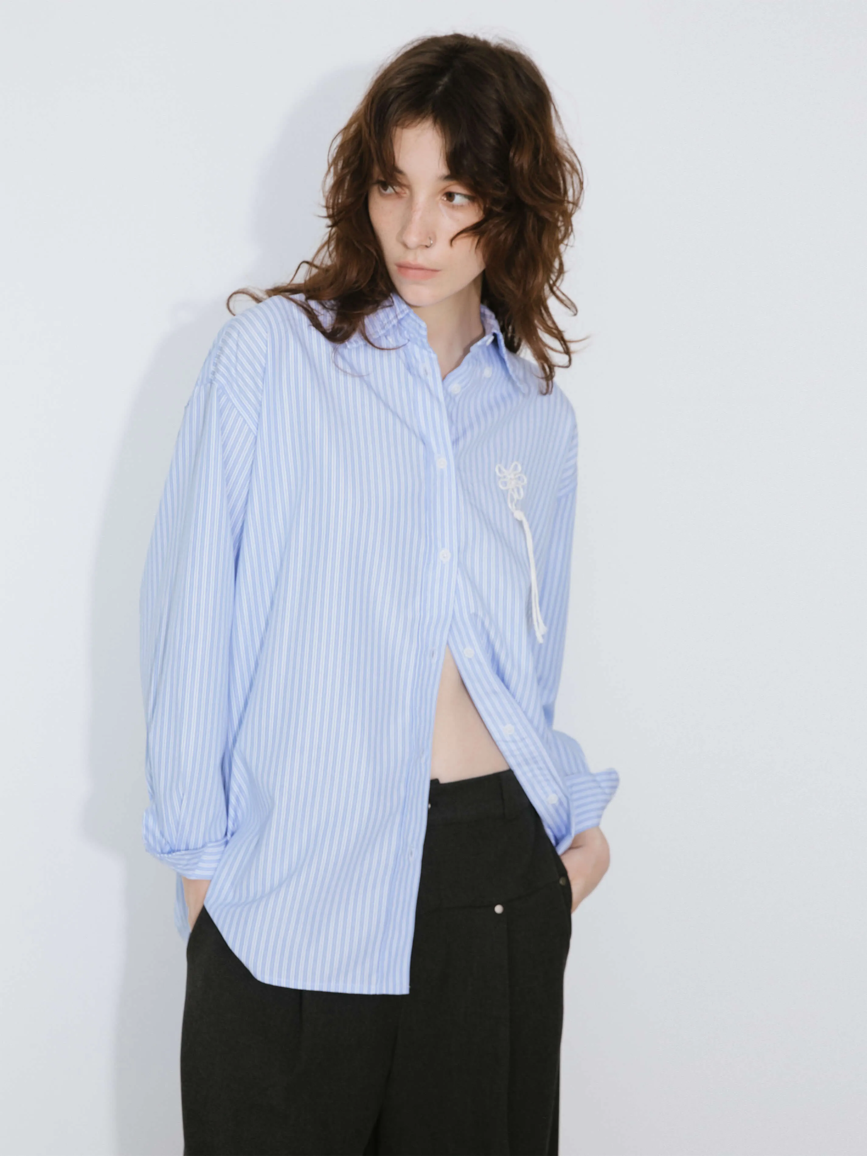 Loose Striped Shirt with Cord Embroidery