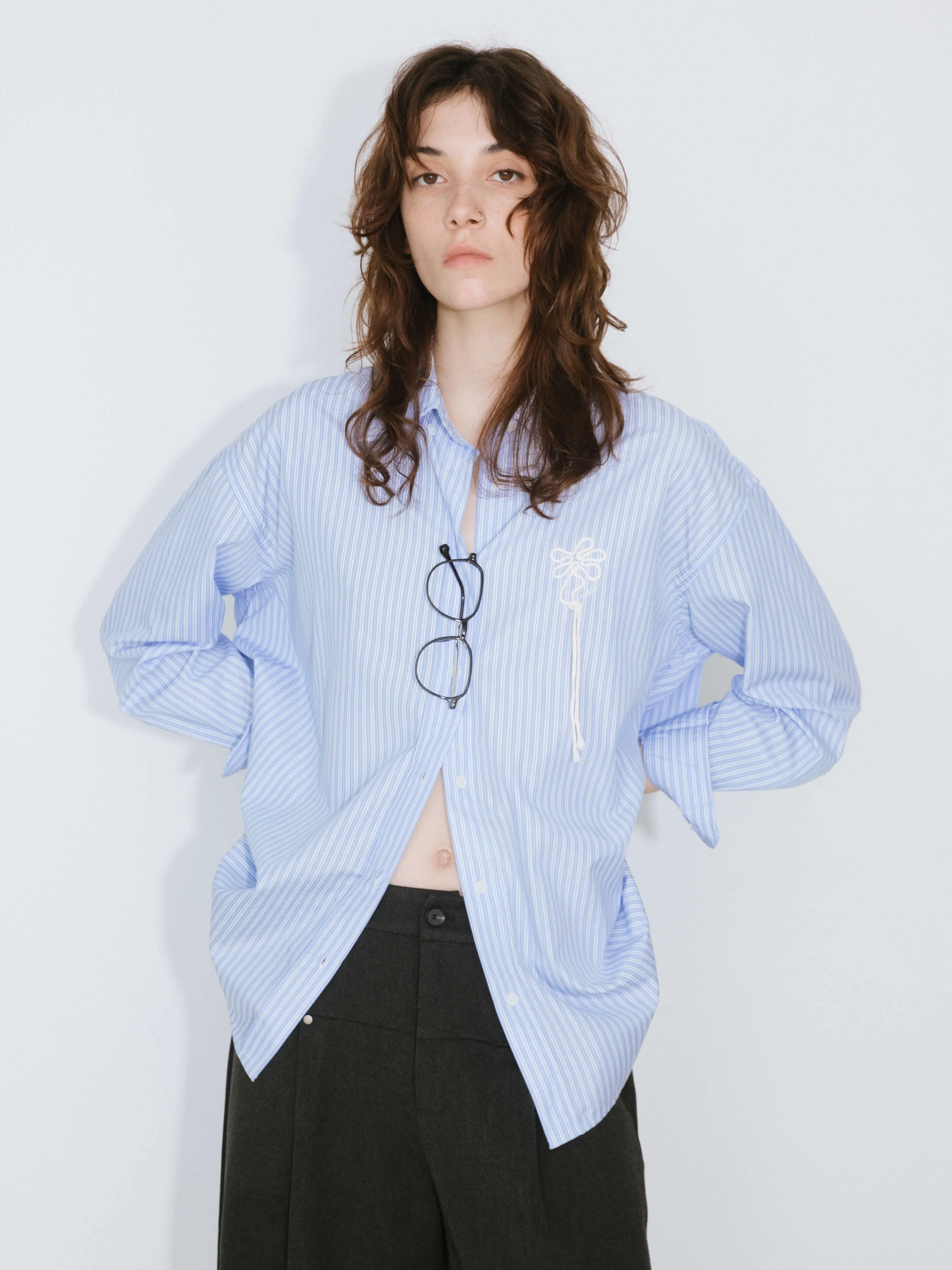 Loose Striped Shirt with Cord Embroidery