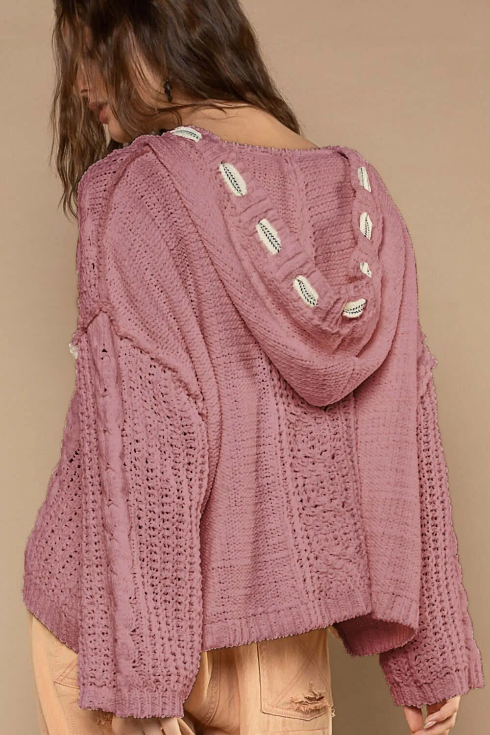 Mauve Cable Knit Hooded Chenille Sweater