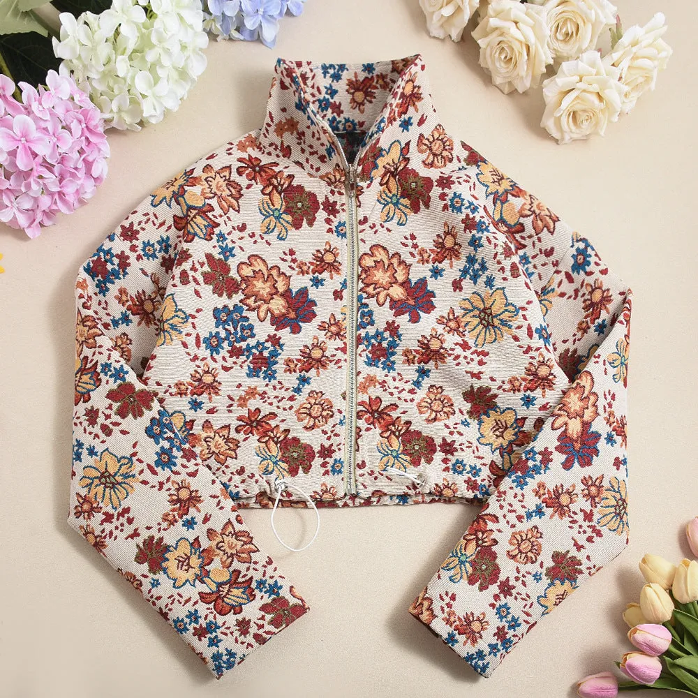 MB FASHION Floral Tapestry Cropped Jacket with Zip Front and Drawstring 1466LY