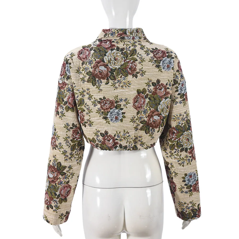 MB FASHION Floral Tapestry Cropped Jacket with Zip Front and Drawstring 1466LY