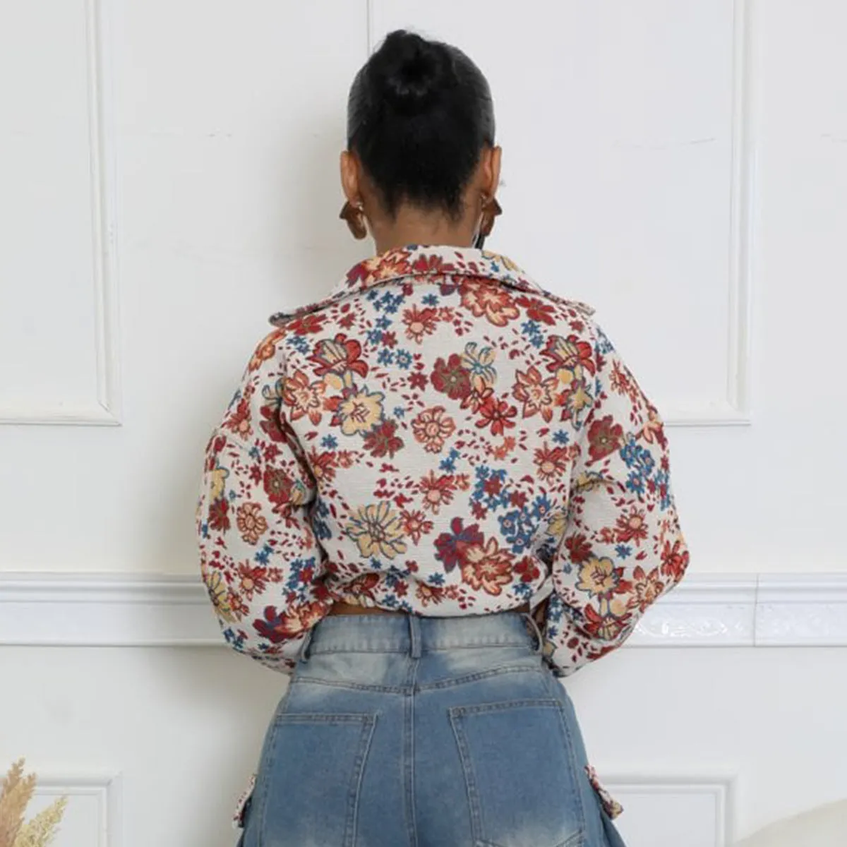 MB FASHION Floral Tapestry Cropped Jacket with Zip Front and Drawstring 1466LY