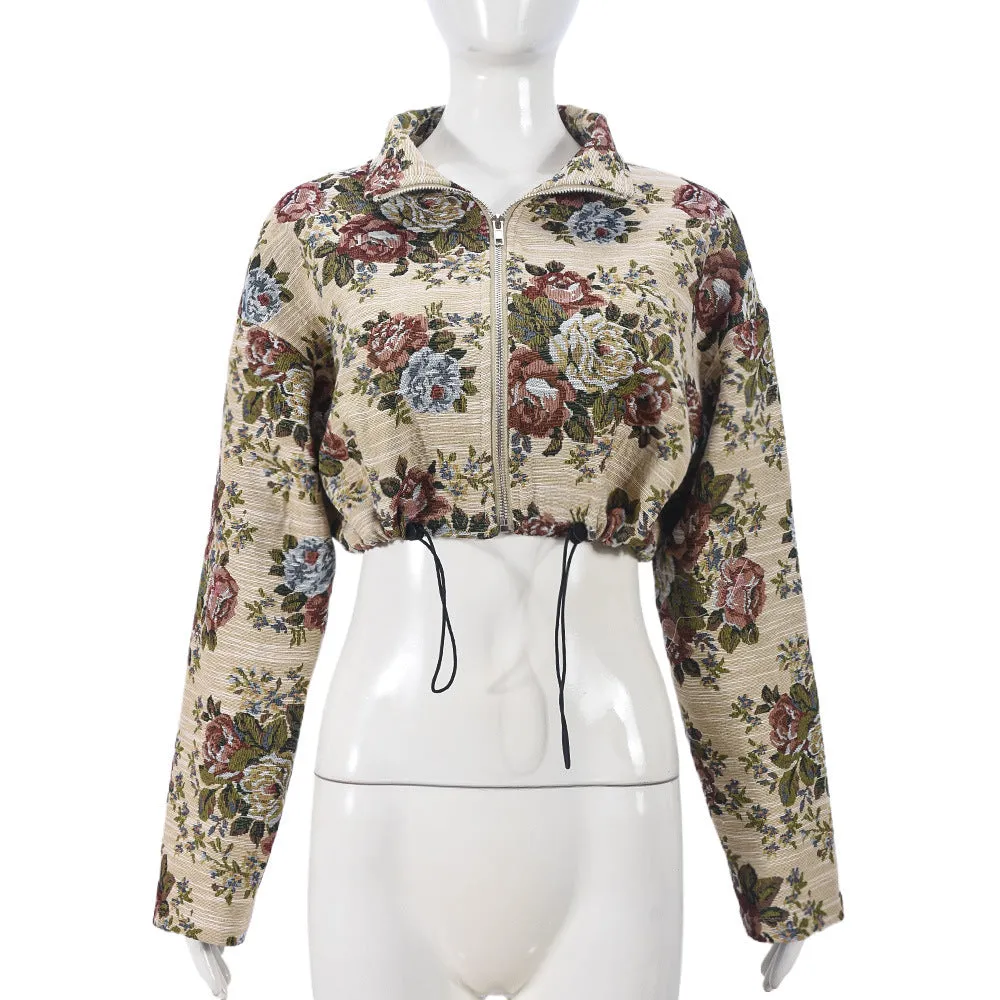 MB FASHION Floral Tapestry Cropped Jacket with Zip Front and Drawstring 1466LY