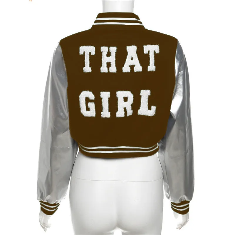 MB FASHION Metallic Sleeve Varsity Jacket with 'THAT GIRL' Appliqué 3900LY