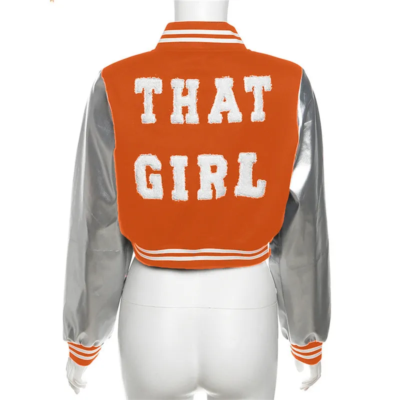 MB FASHION Metallic Sleeve Varsity Jacket with 'THAT GIRL' Appliqué 3900LY