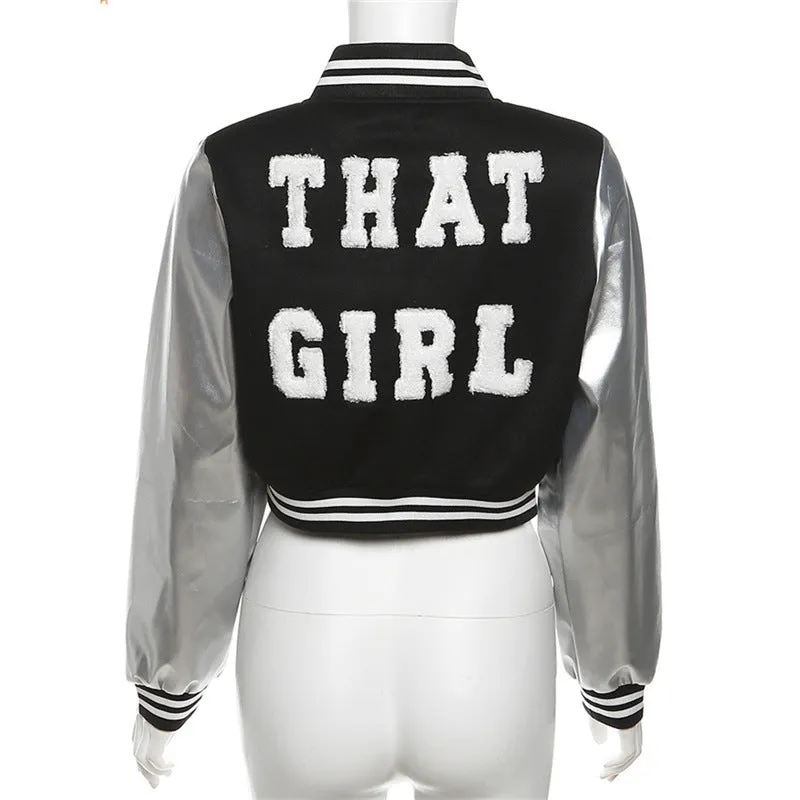 MB FASHION Metallic Sleeve Varsity Jacket with 'THAT GIRL' Appliqué 3900LY