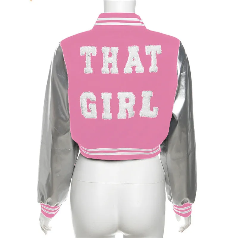 MB FASHION Metallic Sleeve Varsity Jacket with 'THAT GIRL' Appliqué 3900LY