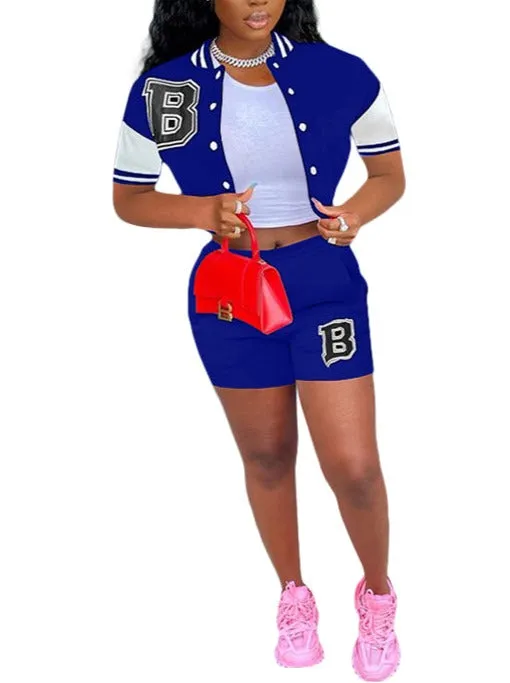 MB FASHION Varsity Cropped Jacket and High-Waisted Shorts Set 5922T